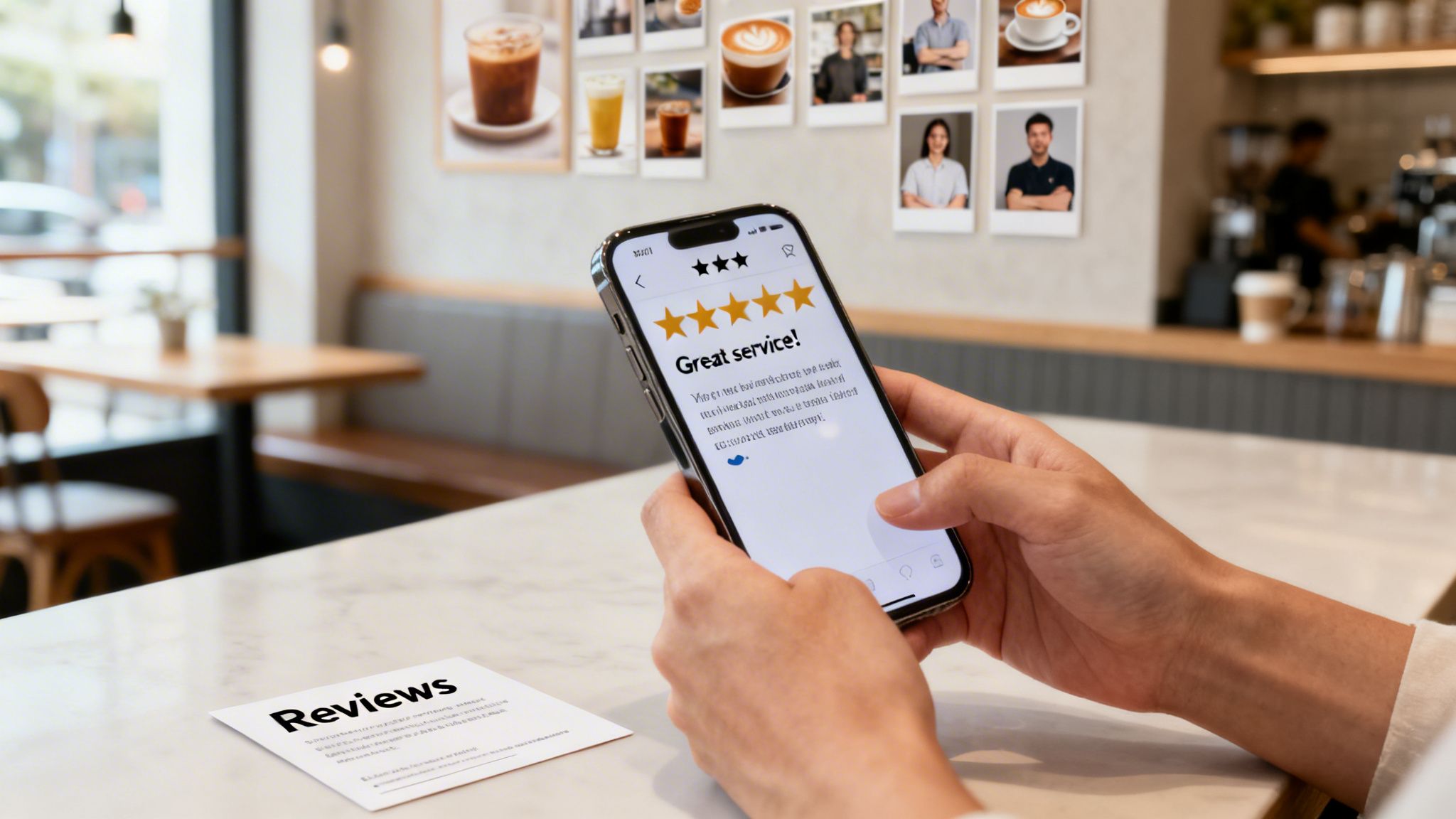 Person holding a smartphone displaying a 5-star customer review for 'Great service!' in a cafe.