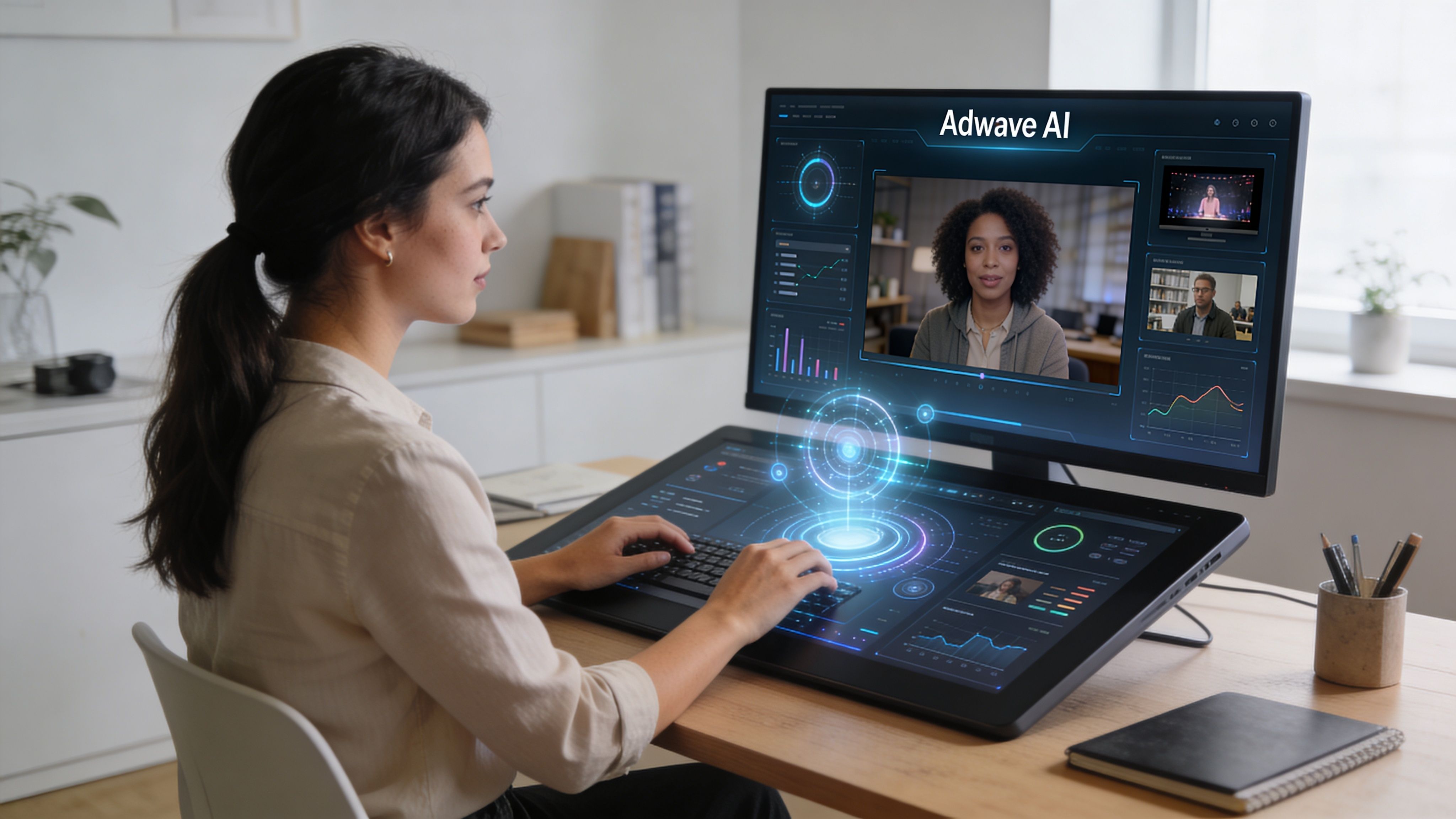 A woman working at a desk using an advanced digital interface to manage TV commercial production projects.