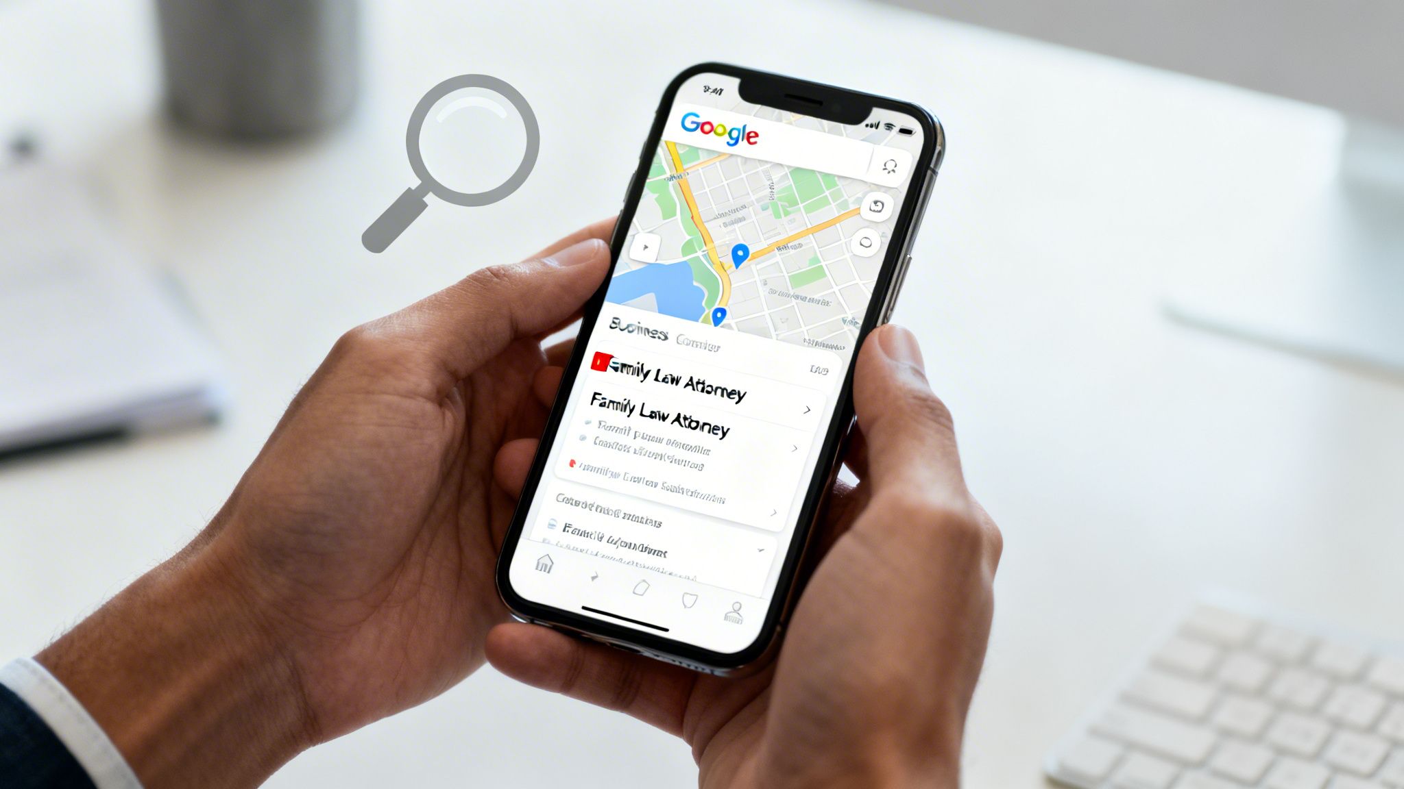 A person holds a smartphone displaying Google Maps results for 'Family Law Attorney', showing local business search.