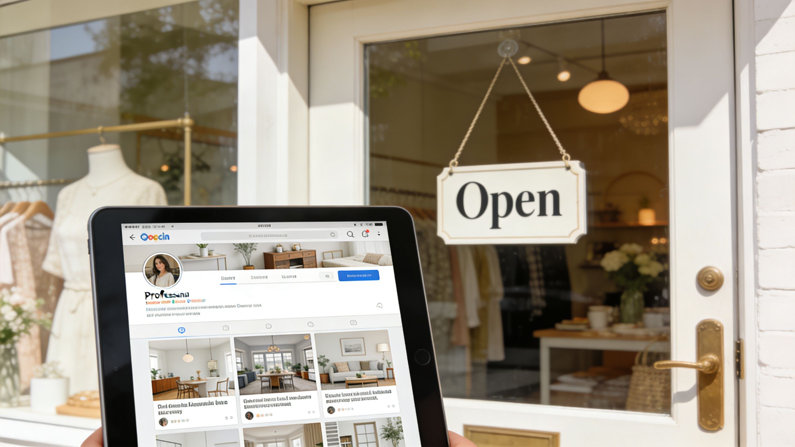 A tablet displaying a social media profile held in front of a clothing boutique storefront entrance.
