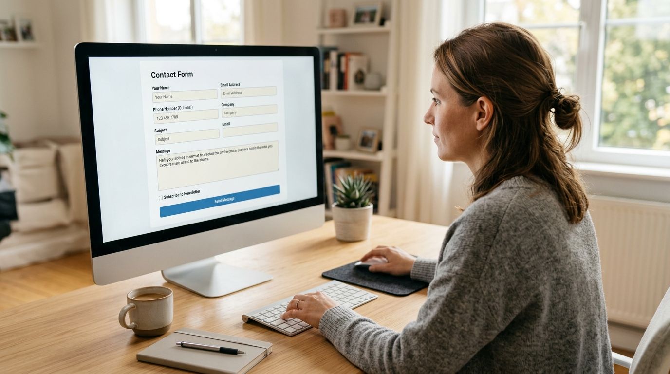 A woman working on a contact form on a computer in a modern home office.