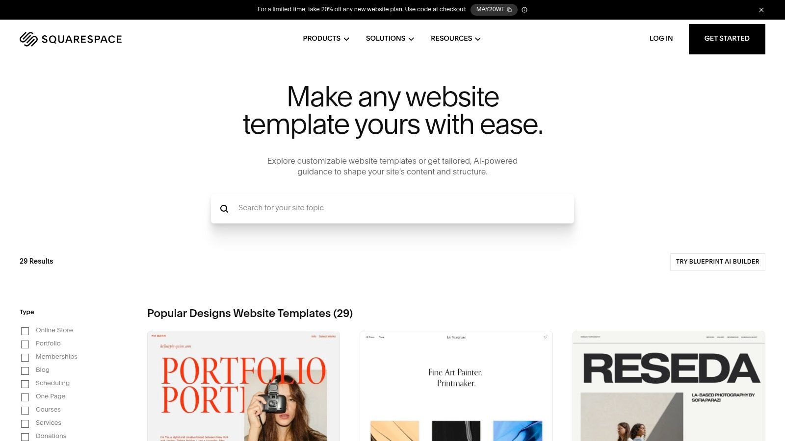 Screenshot from https://www.squarespace.com/templates