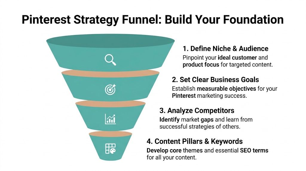 A funnel diagram outlining four key steps for building a solid Pinterest marketing strategy for businesses.