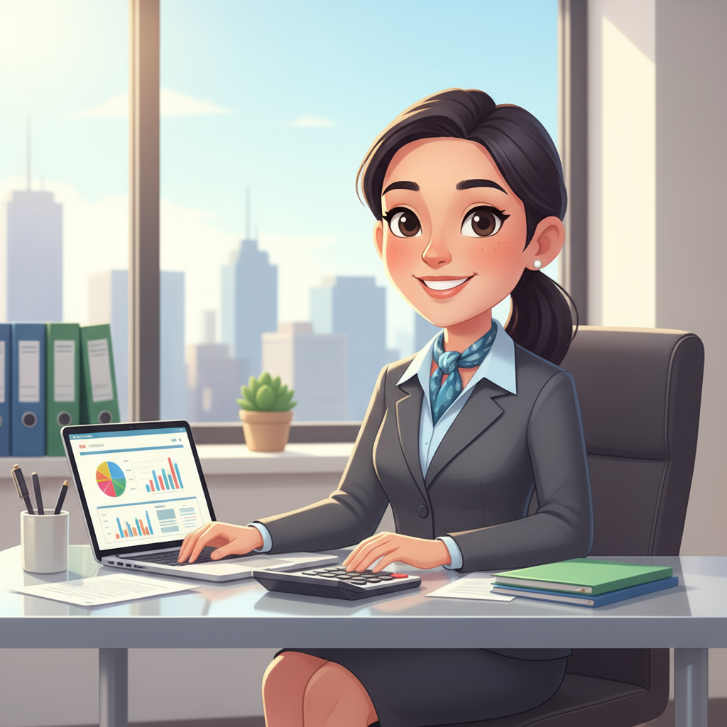 Certified public accountant in business attire working at contemporary office desk with laptop and financial documents, representing trusted tax preparation, bookkeeping, and accounting services for small business TV advertising campaigns.