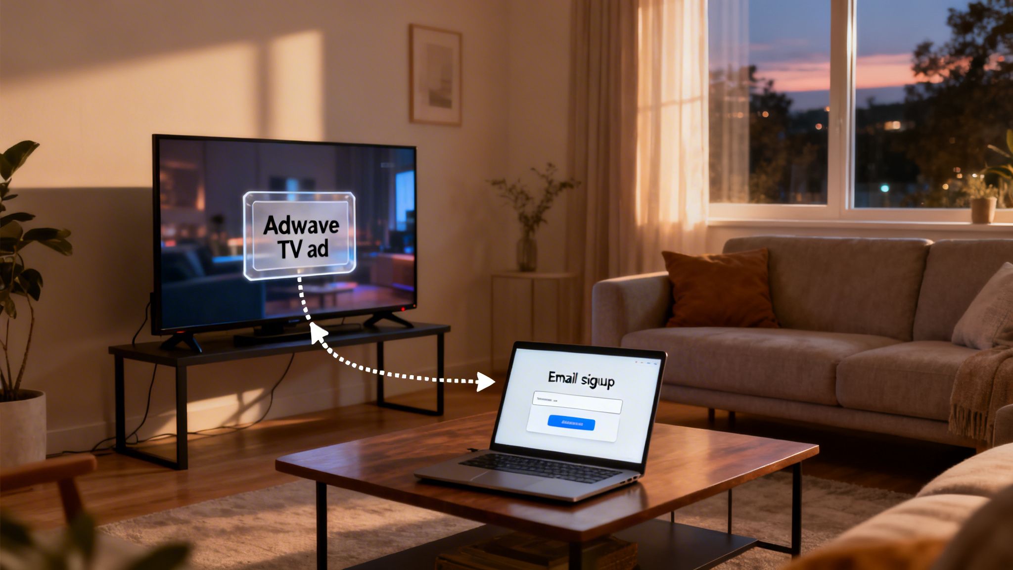 An Adwave TV ad leads viewers to an email signup page on a laptop in a cozy living room.