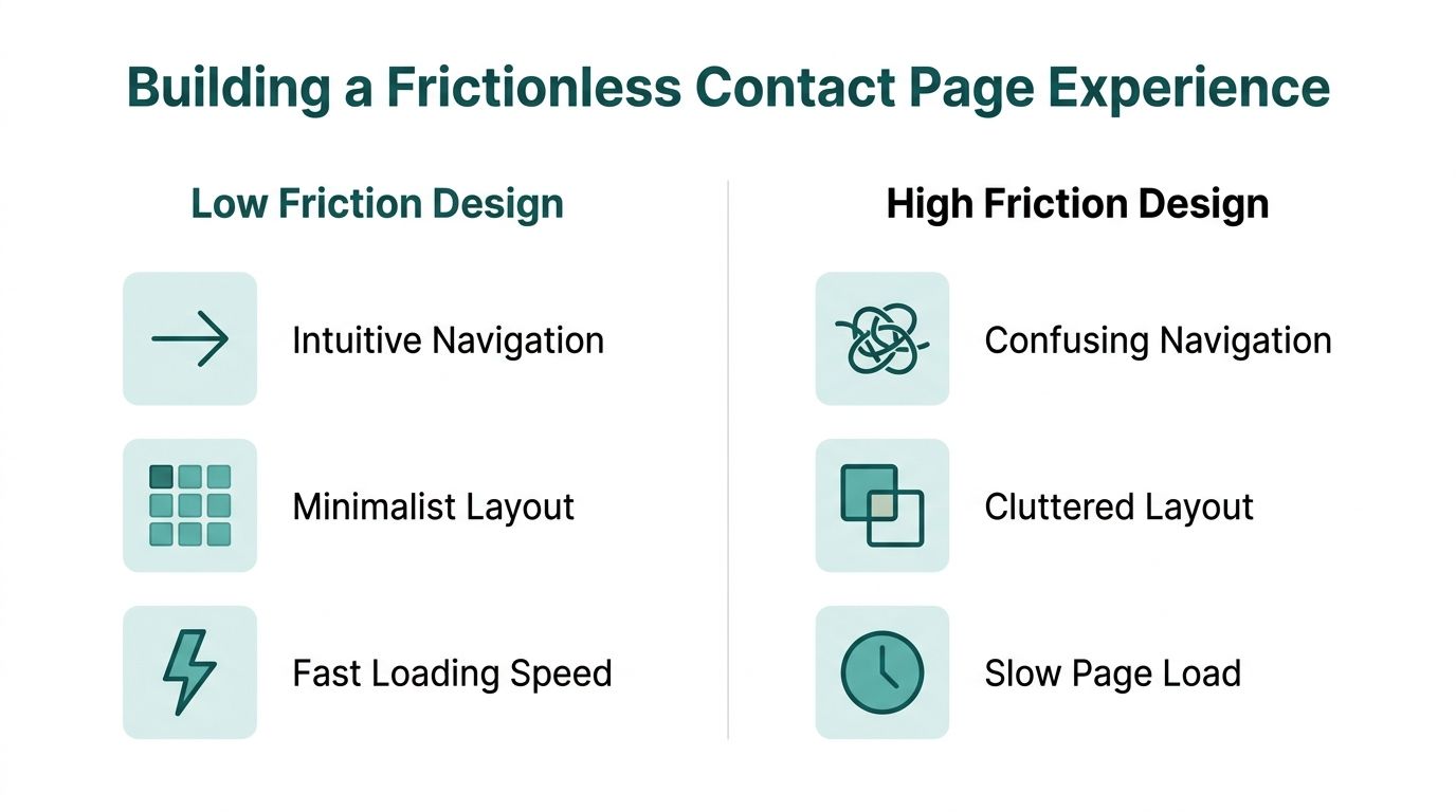 A comparison chart showing features of low friction versus high friction contact page designs.