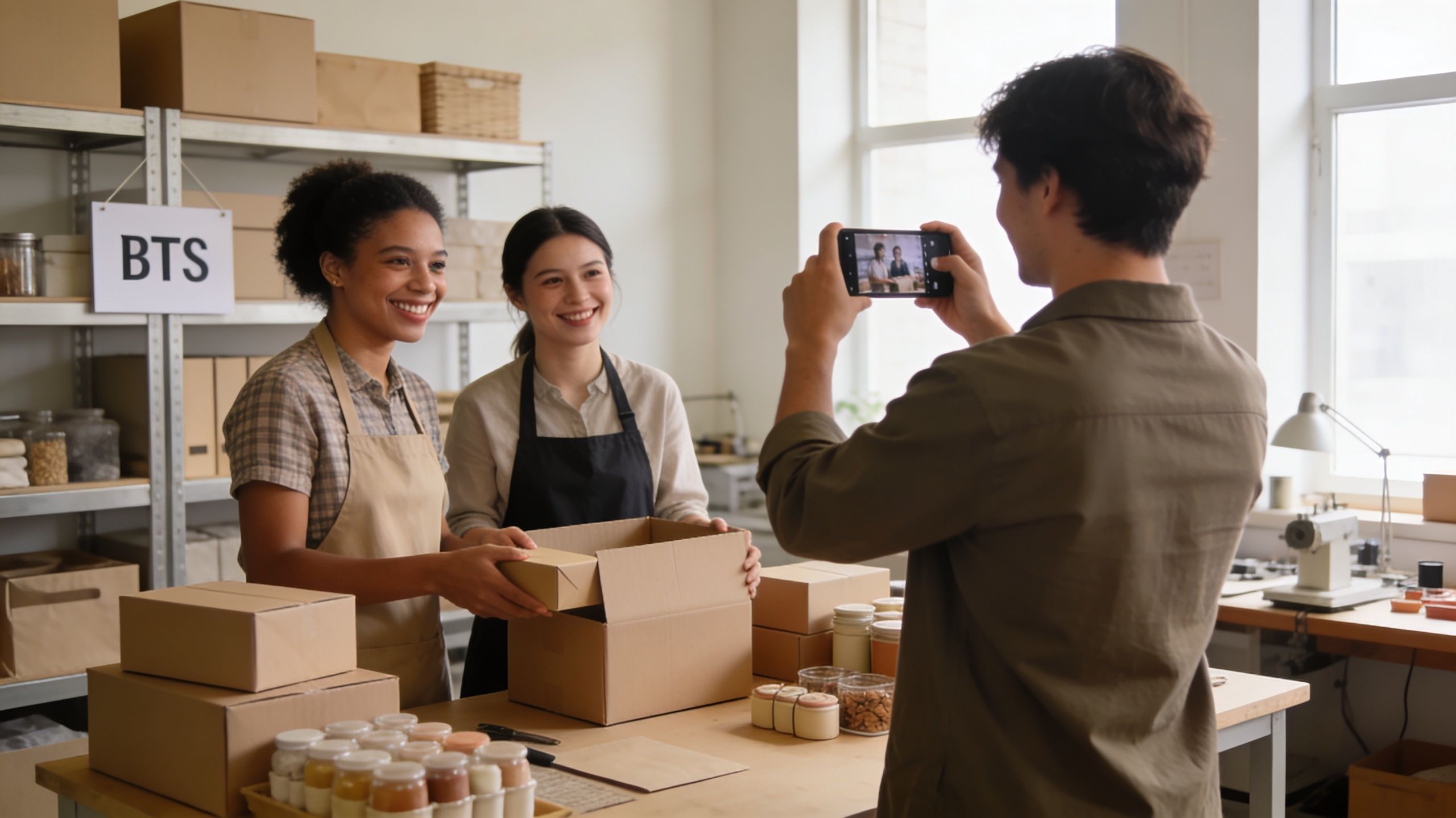 Two women working in a small business workshop preparing shipping boxes while a man records them on phone.