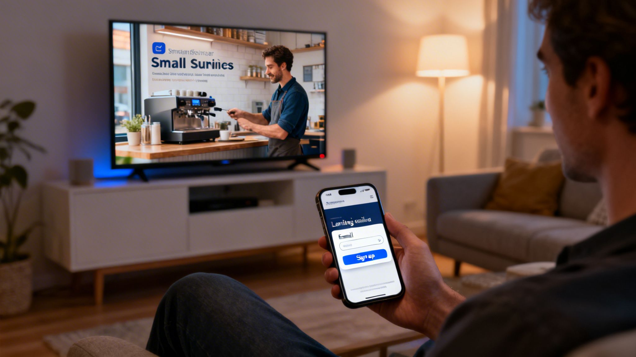 A man views a TV with a small business ad while holding a smartphone with an email sign-up form.