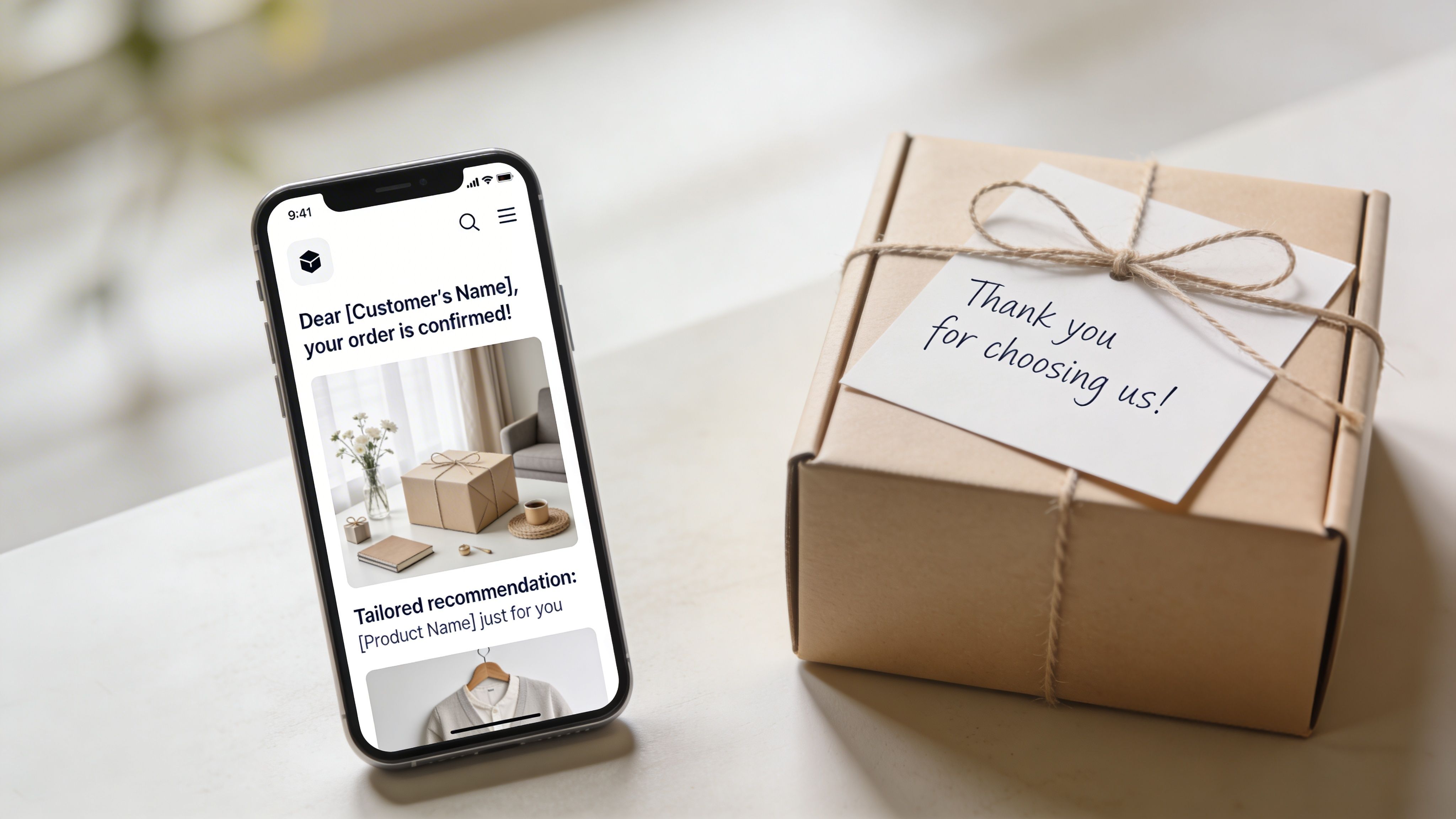 A smartphone displaying an order confirmation email next to a small gift-wrapped package with a thank you note.
