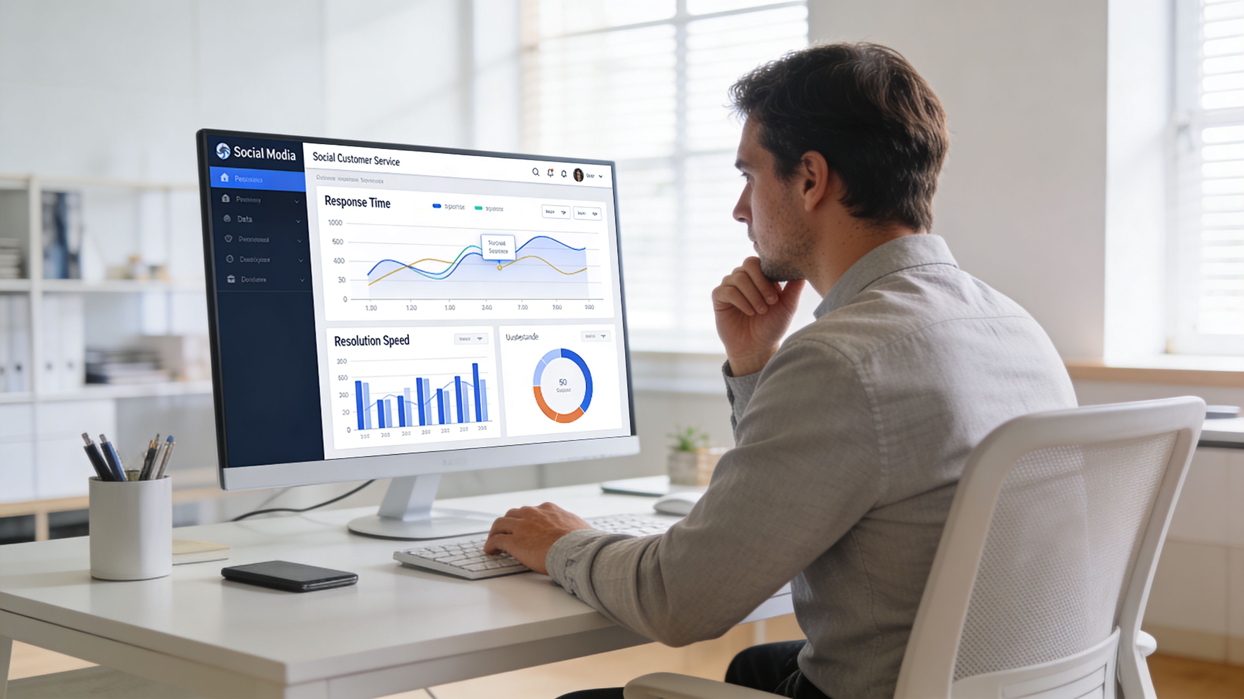 A professional man reviewing social media customer service performance analytics on a computer screen in an office.