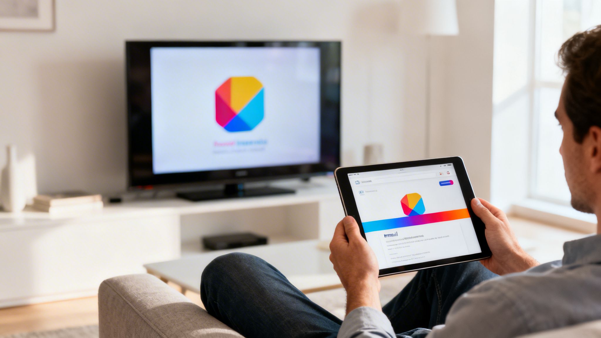 Man on a couch browsing a tablet displaying a colorful app, with a large TV in the background.