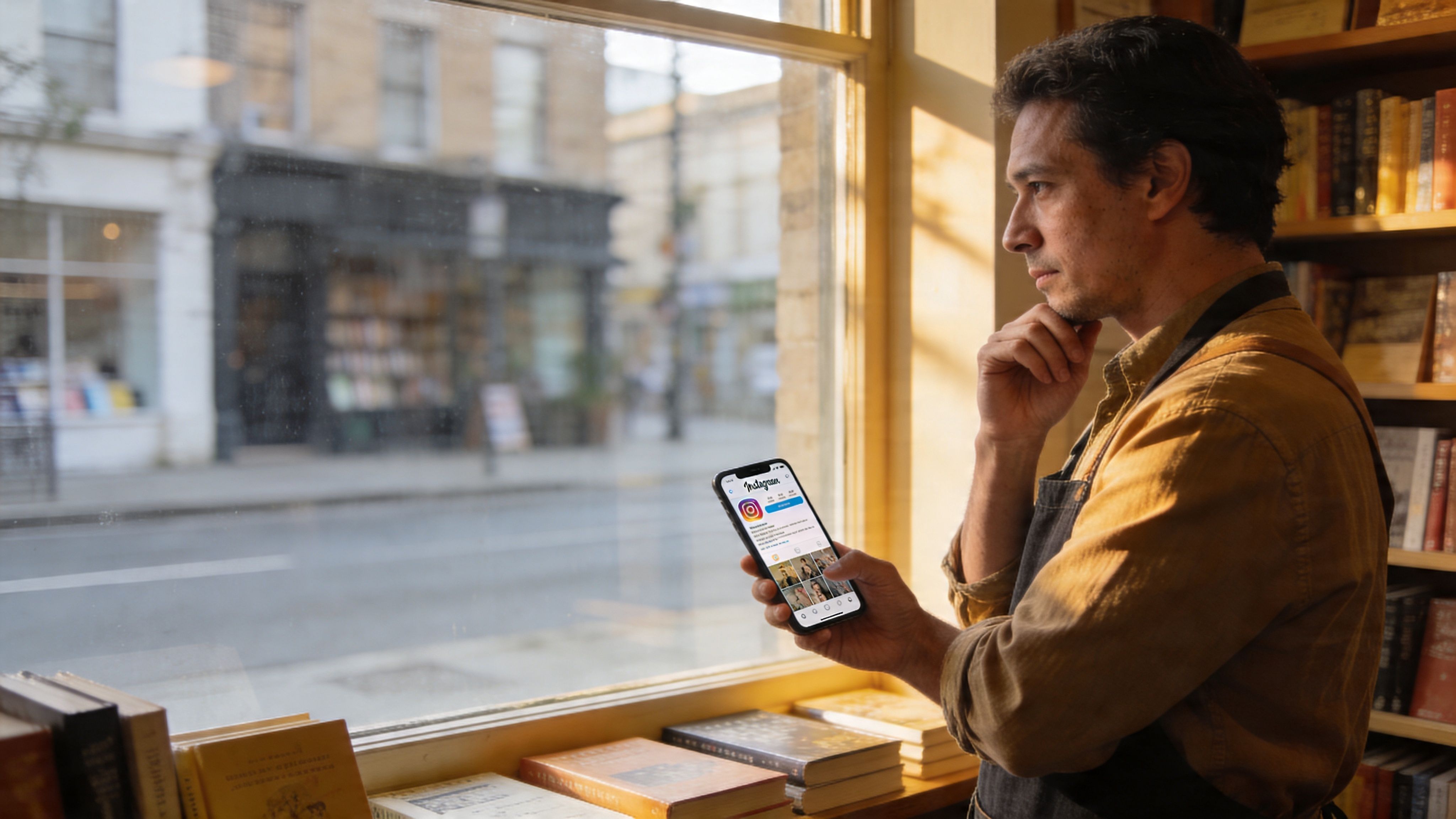 A contemplative bookstore owner standing by a window looking at an Instagram business profile on his smartphone.
