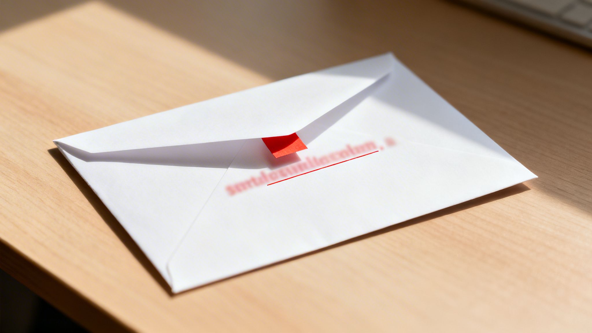 A white envelope with a red sticky note and blurred red text lies on a light wooden desk, partially in sunlight.