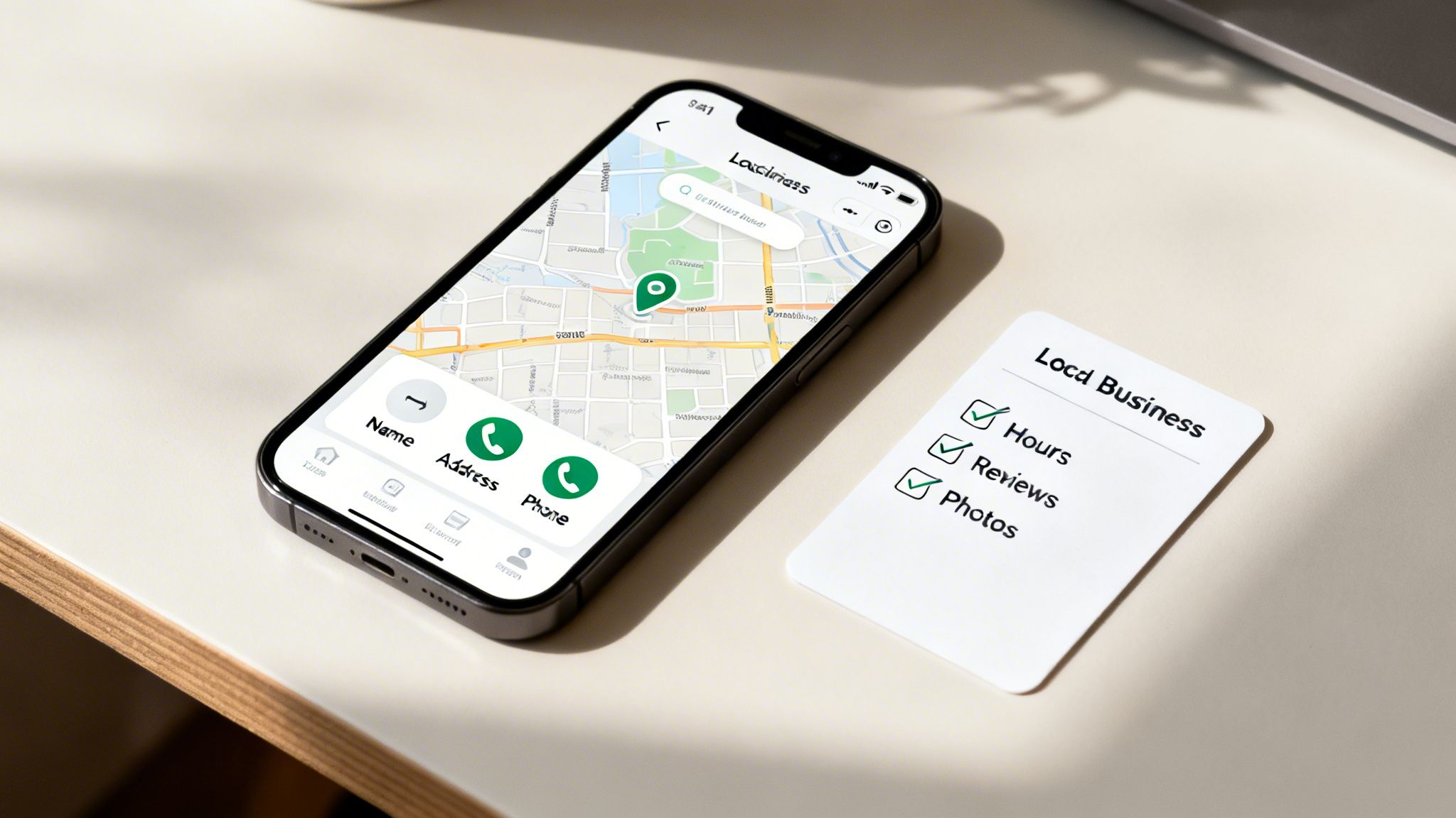 A smartphone displaying a local business map app with contact info, beside a checklist card for business details.