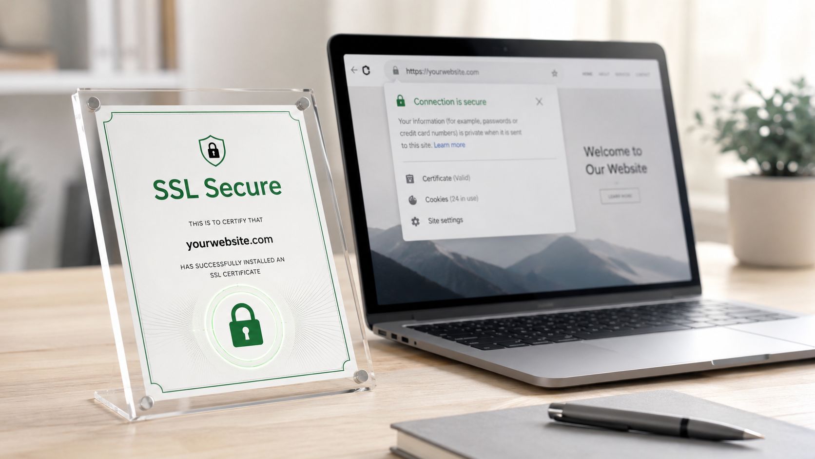 A clear acrylic sign displaying an SSL secure certificate next to a laptop showing a secure connection.