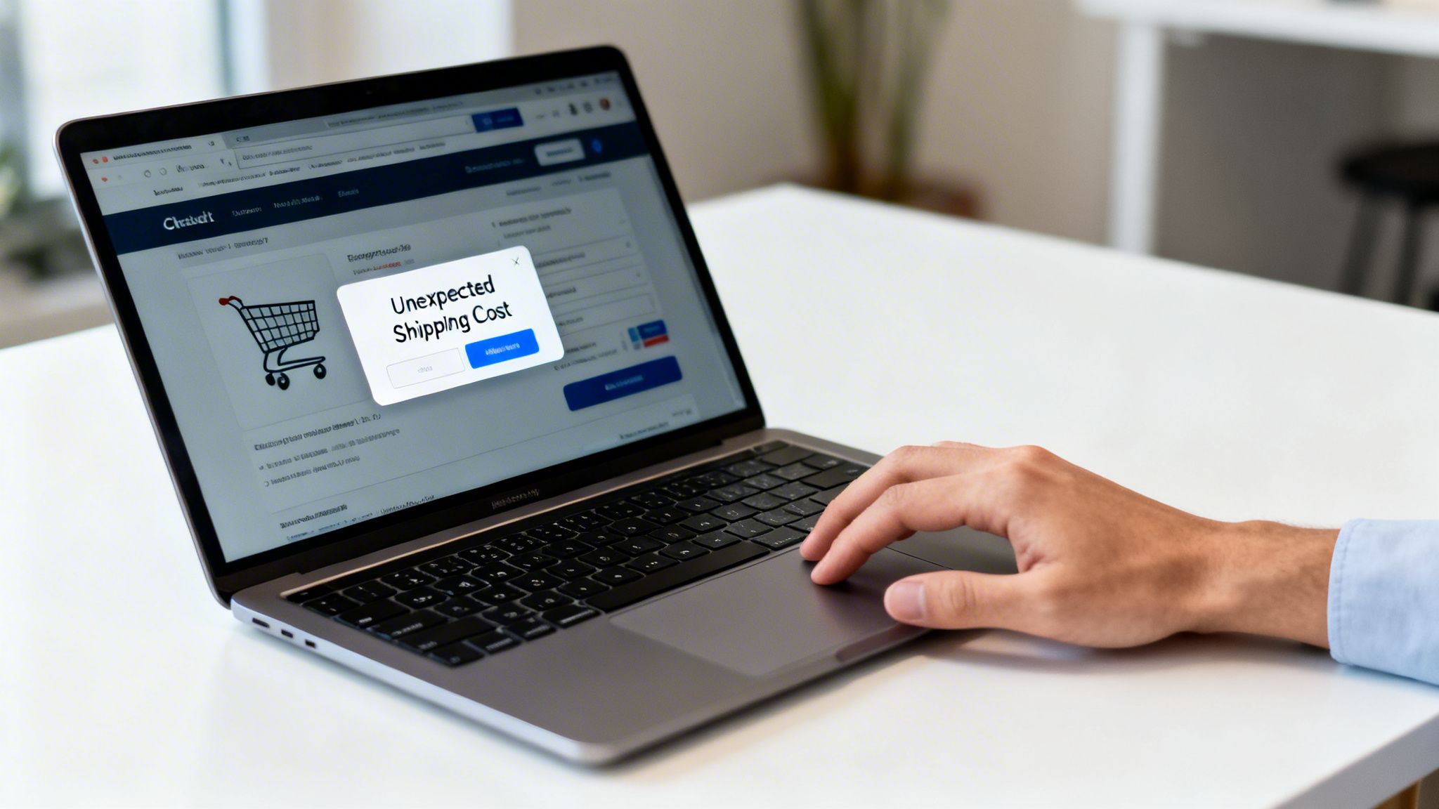 A person's hand on a laptop trackpad, with an 'Unexpected Shipping Cost' pop-up on an e-commerce site.