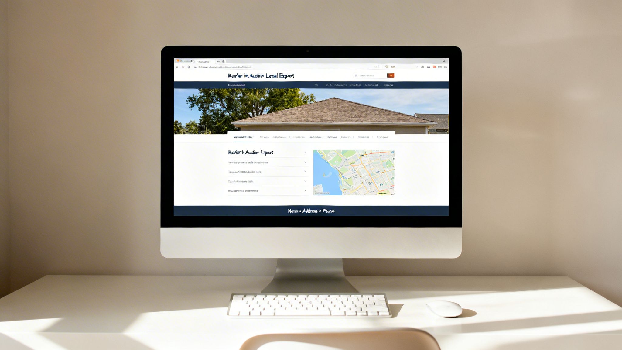A desktop computer displays a real estate website for a local Austin expert with a map on a clean desk.