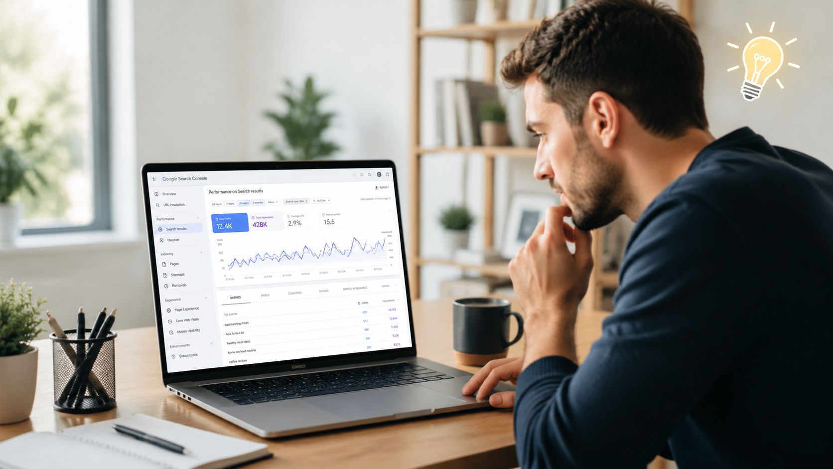 A professional analyzing website performance data on a laptop screen using Google Search Console software.