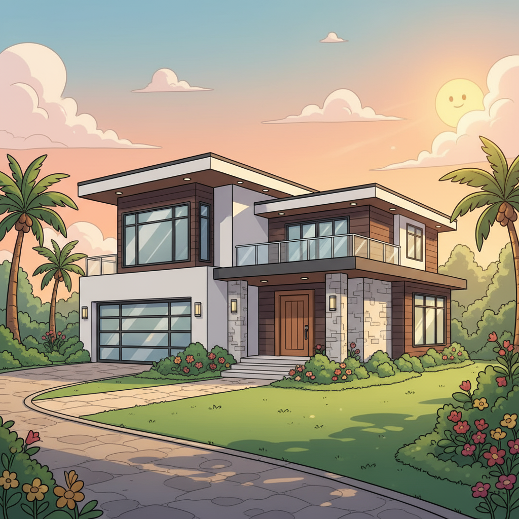 Stunning contemporary two-story home with professional landscaping, curved walkway, and excellent curb appeal, perfect for real estate property listing TV advertisements targeting local home buyers.