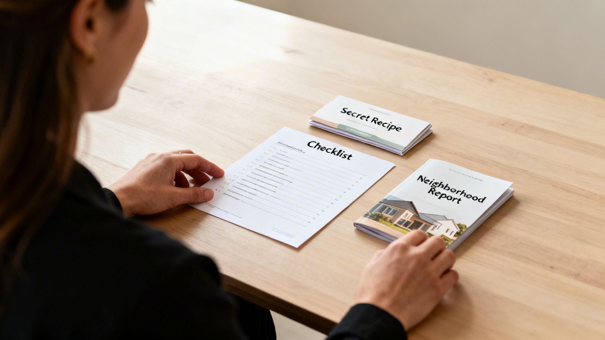 A person reviews a checklist, 'Secret Recipe,' and 'Neighborhood Report' documents on a wooden desk.