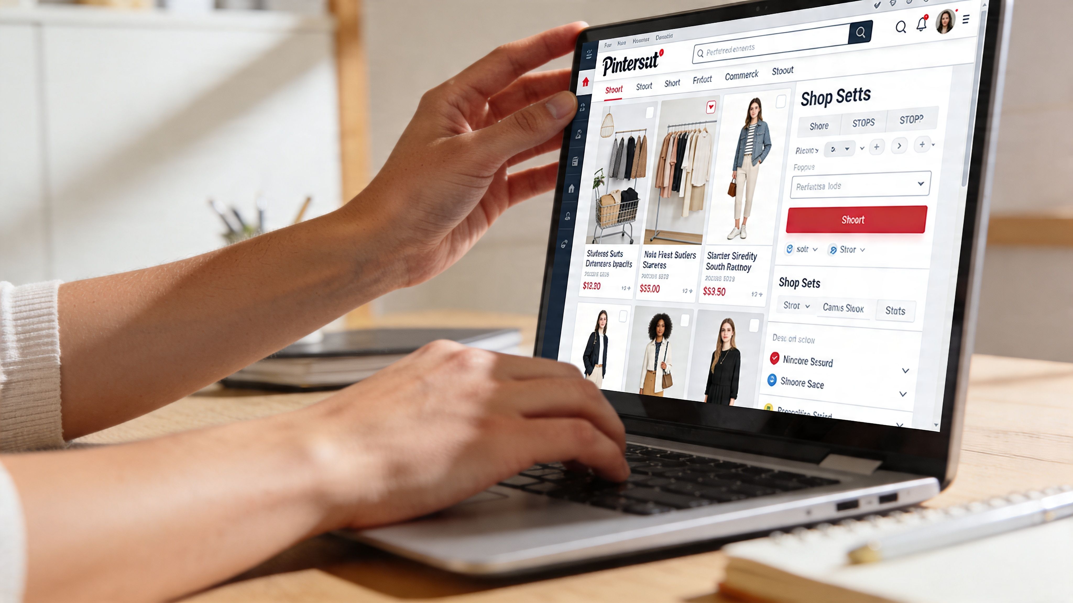 A person using a laptop to view a Pinterest marketing dashboard for clothing product sets.