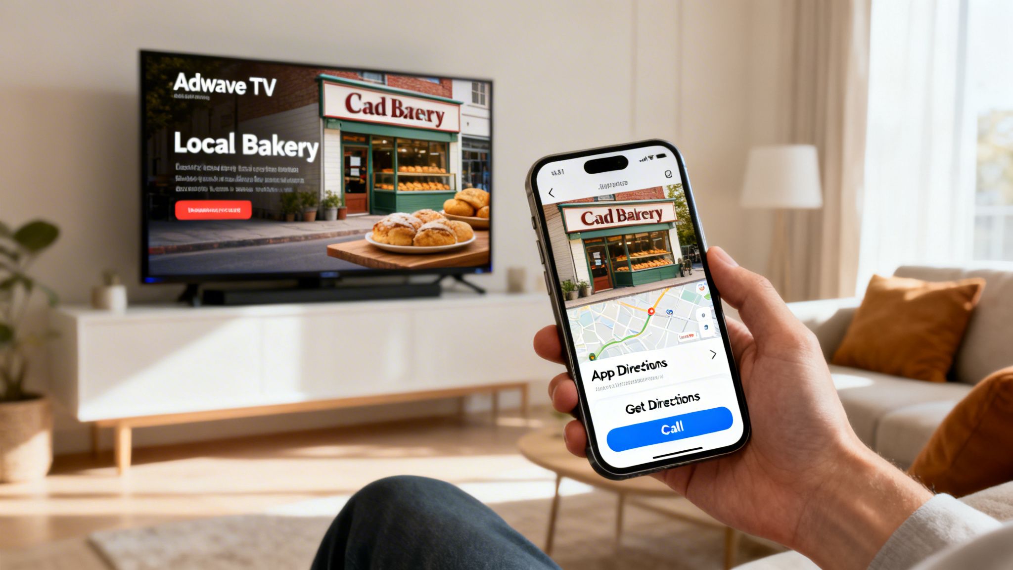 Person holds phone showing bakery directions, while a TV advertises the same local bakery.