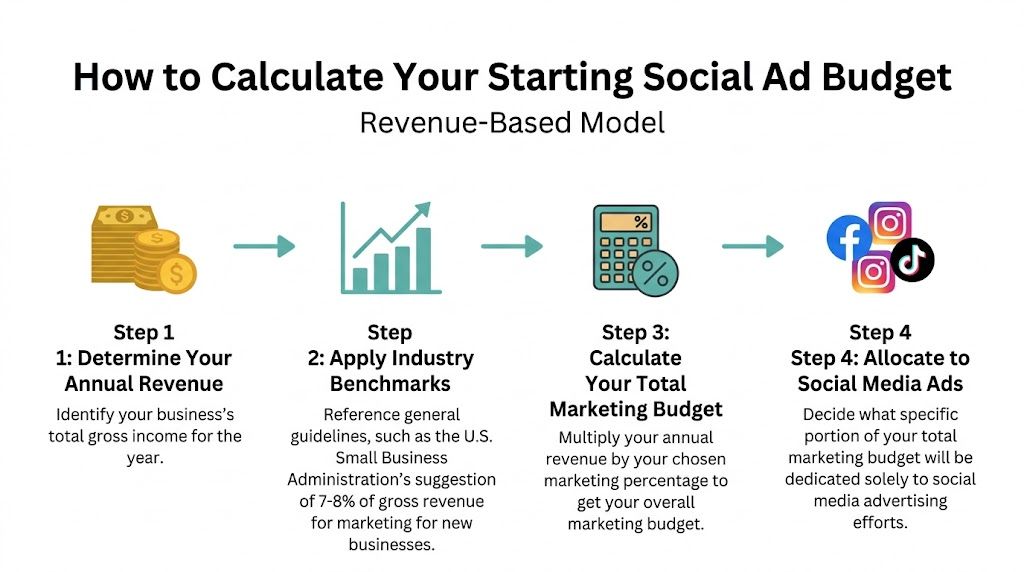 A four-step infographic showing how to calculate a starting social media advertising budget based on annual revenue.