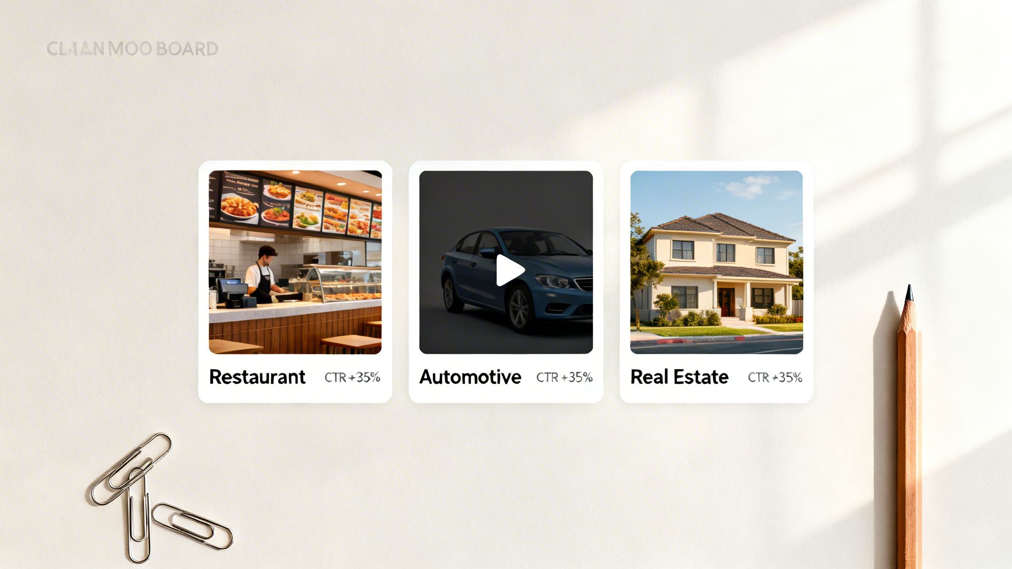 A creative mood board displaying cards for Restaurant, Automotive, and Real Estate with CTR +35% results.