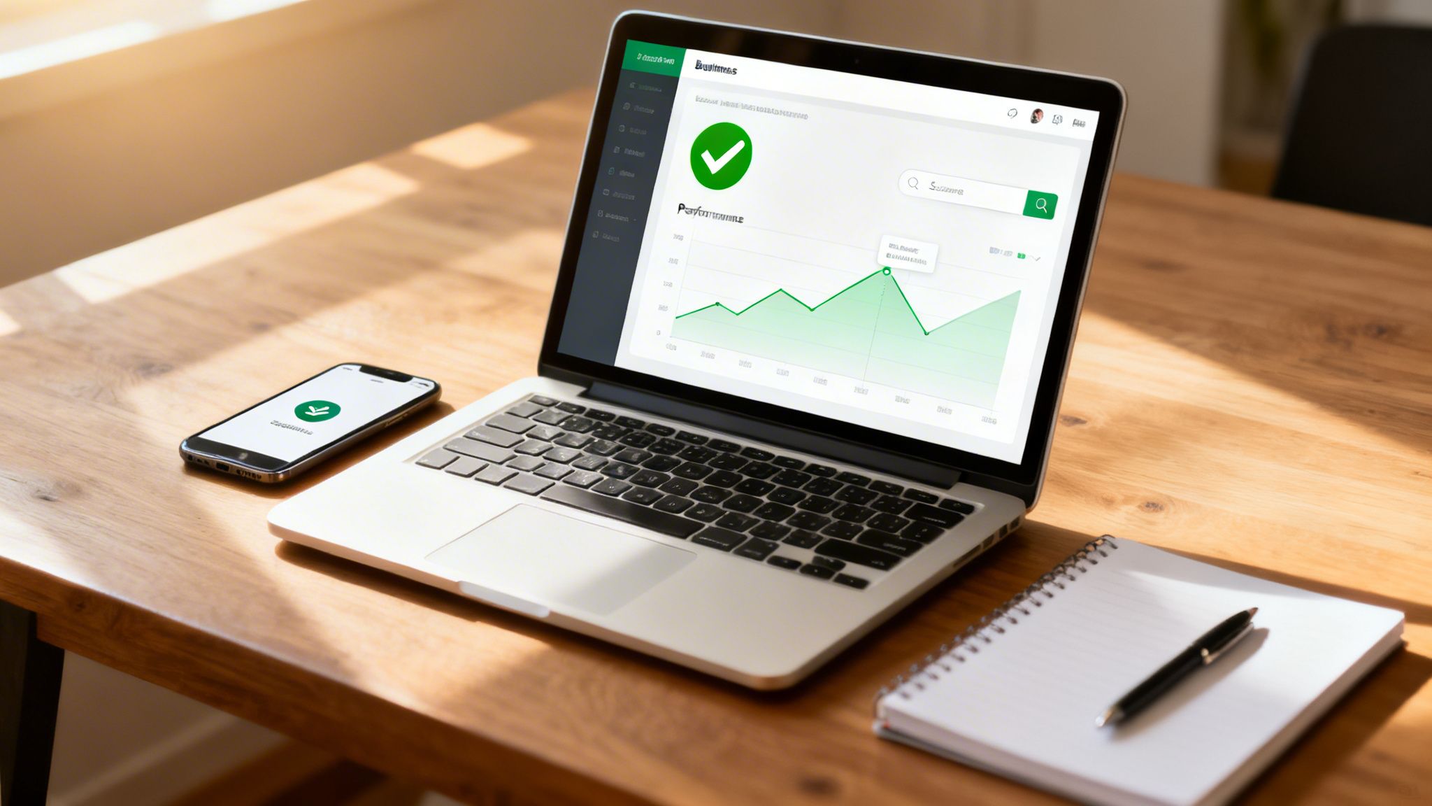 A laptop and smartphone display business analytics on a wooden desk with a notebook and pen.