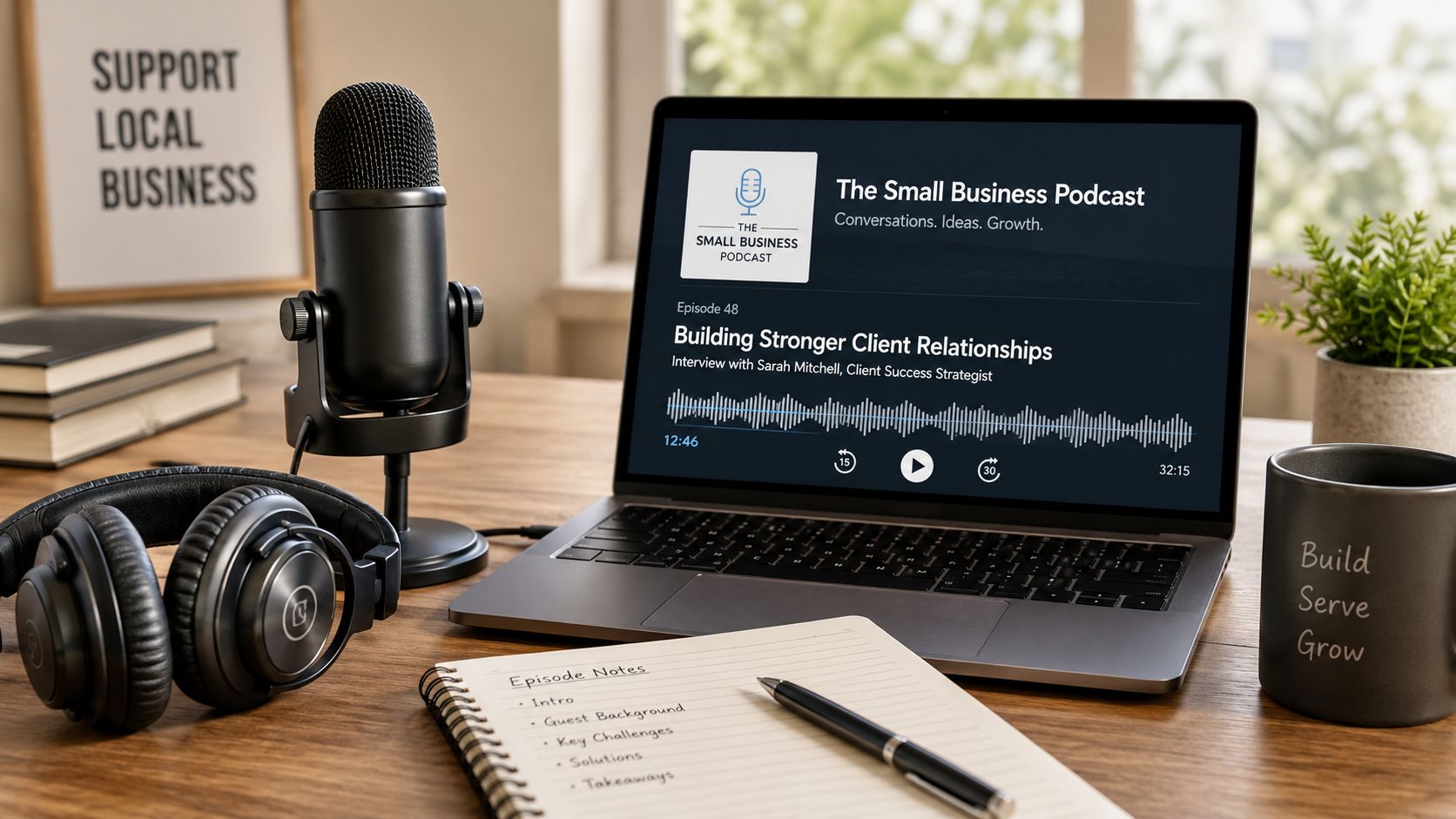 A podcast studio setup featuring a laptop playing a business podcast episode, headphones, microphone, and a notebook.