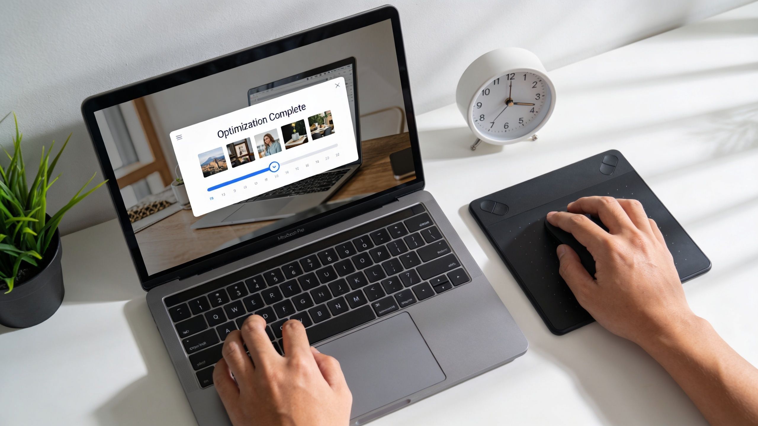 Person optimizing images on a laptop while sitting at a clean, professional workspace.
