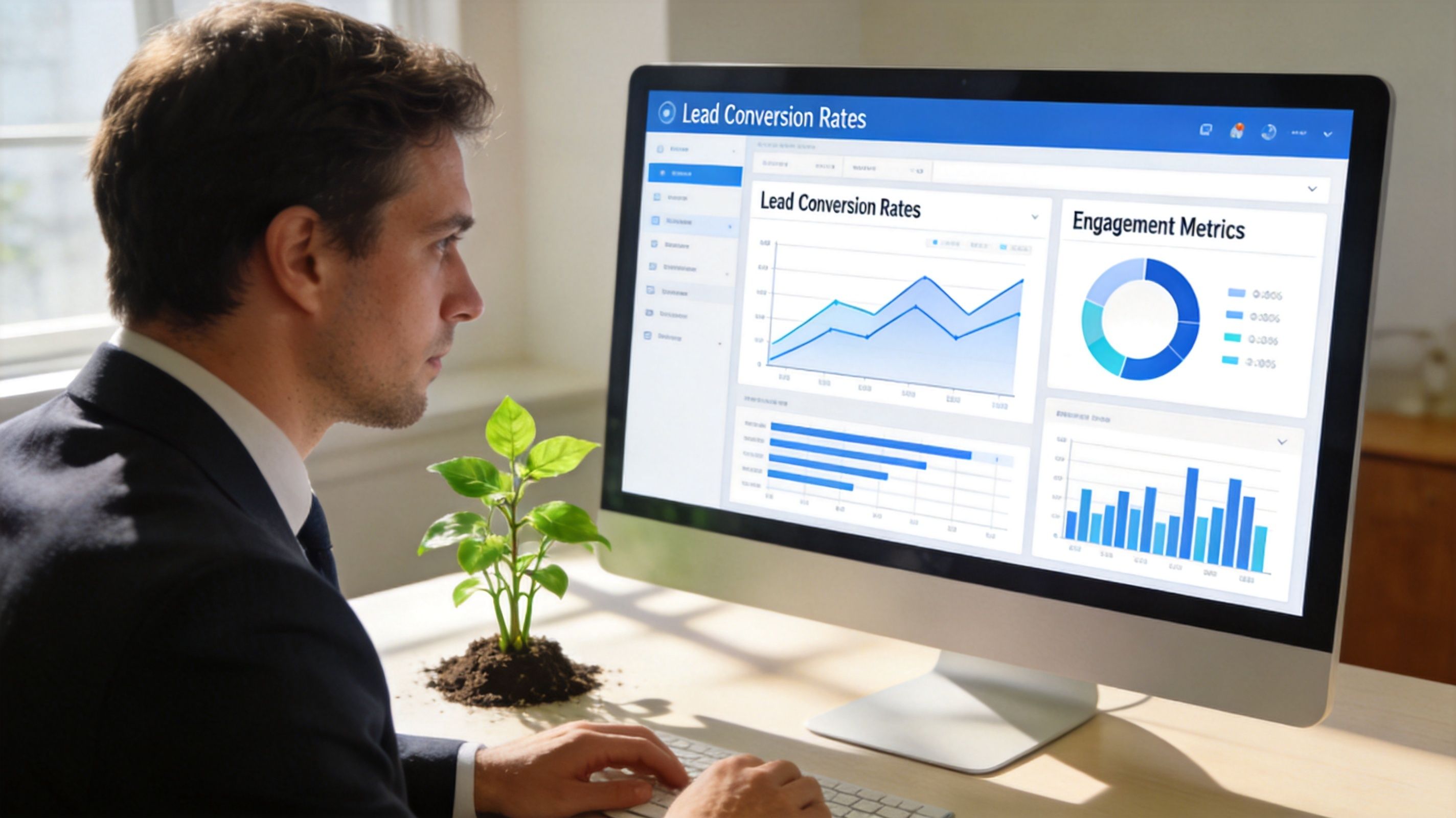A professional man in a suit analyzes marketing data dashboards on his computer monitor at an office desk.