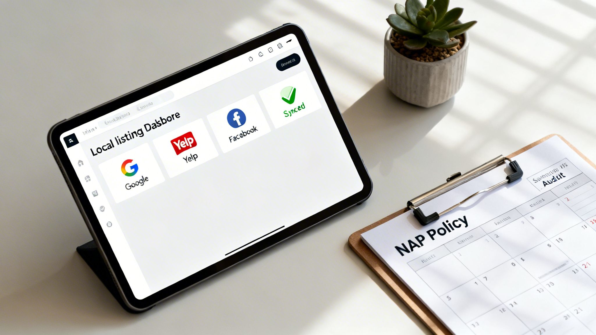 A tablet displaying local listing management tools for Google, Yelp, and Facebook, next to a clipboard with 'NAP Policy' and a calendar.