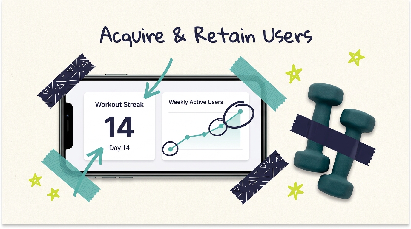 Phone showing fitness app dashboard with workout streak and active users chart