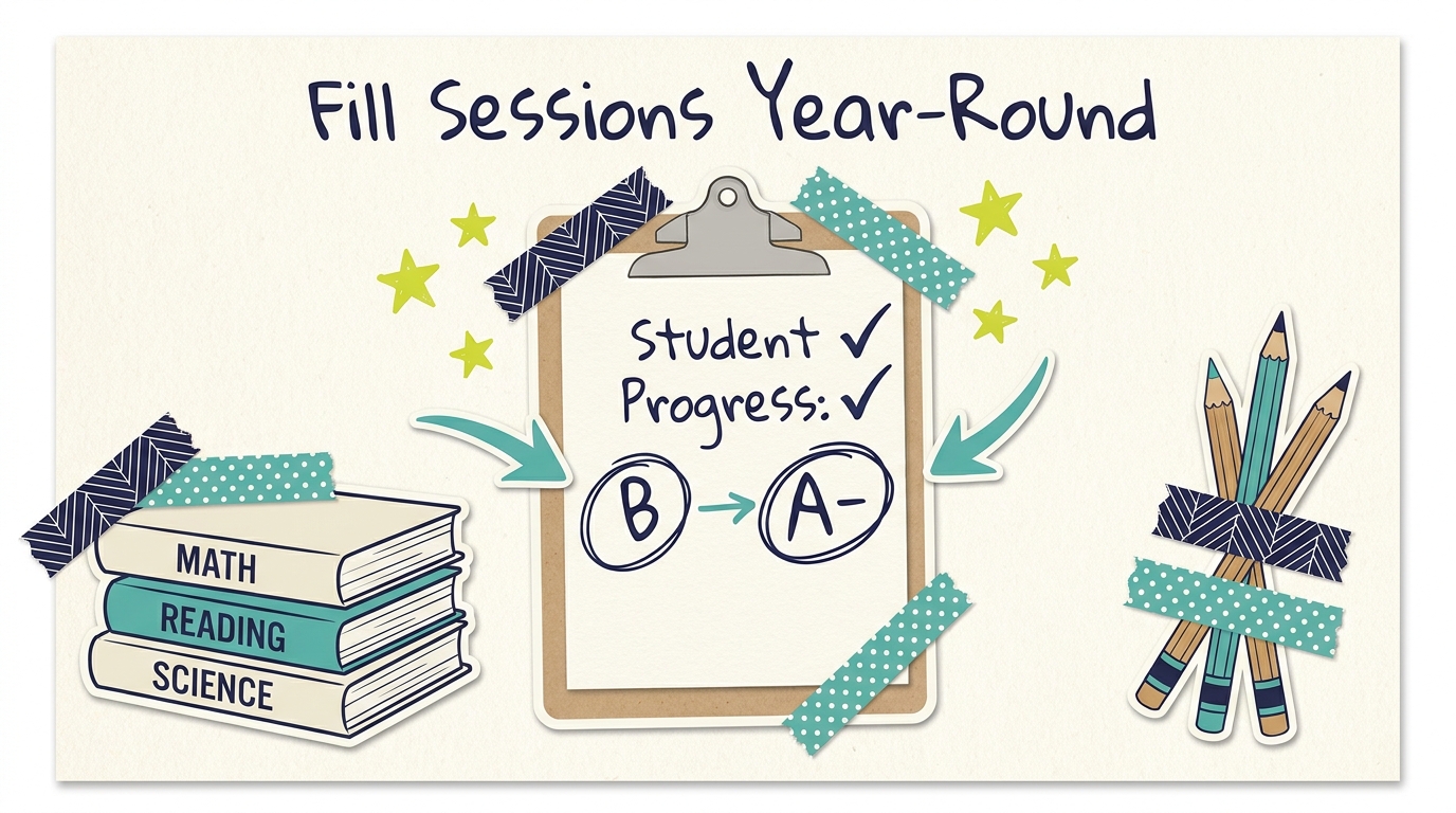 Tutoring scene with textbooks and student progress card