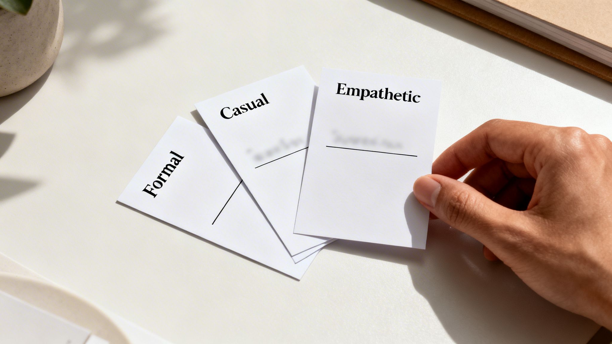 A hand holds a white card labeled "Empathetic", with "Casual" and "Formal" cards underneath on a desk.