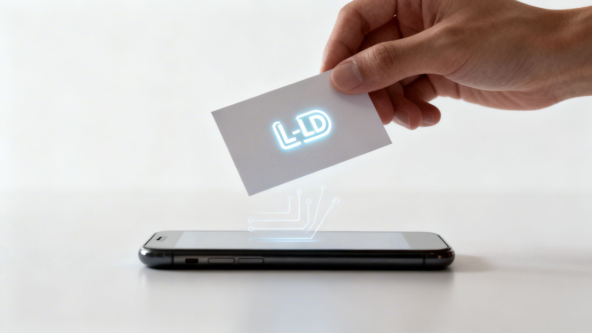 A hand holds a glowing 'L-ID' card over a smartphone, symbolizing digital identity transfer.