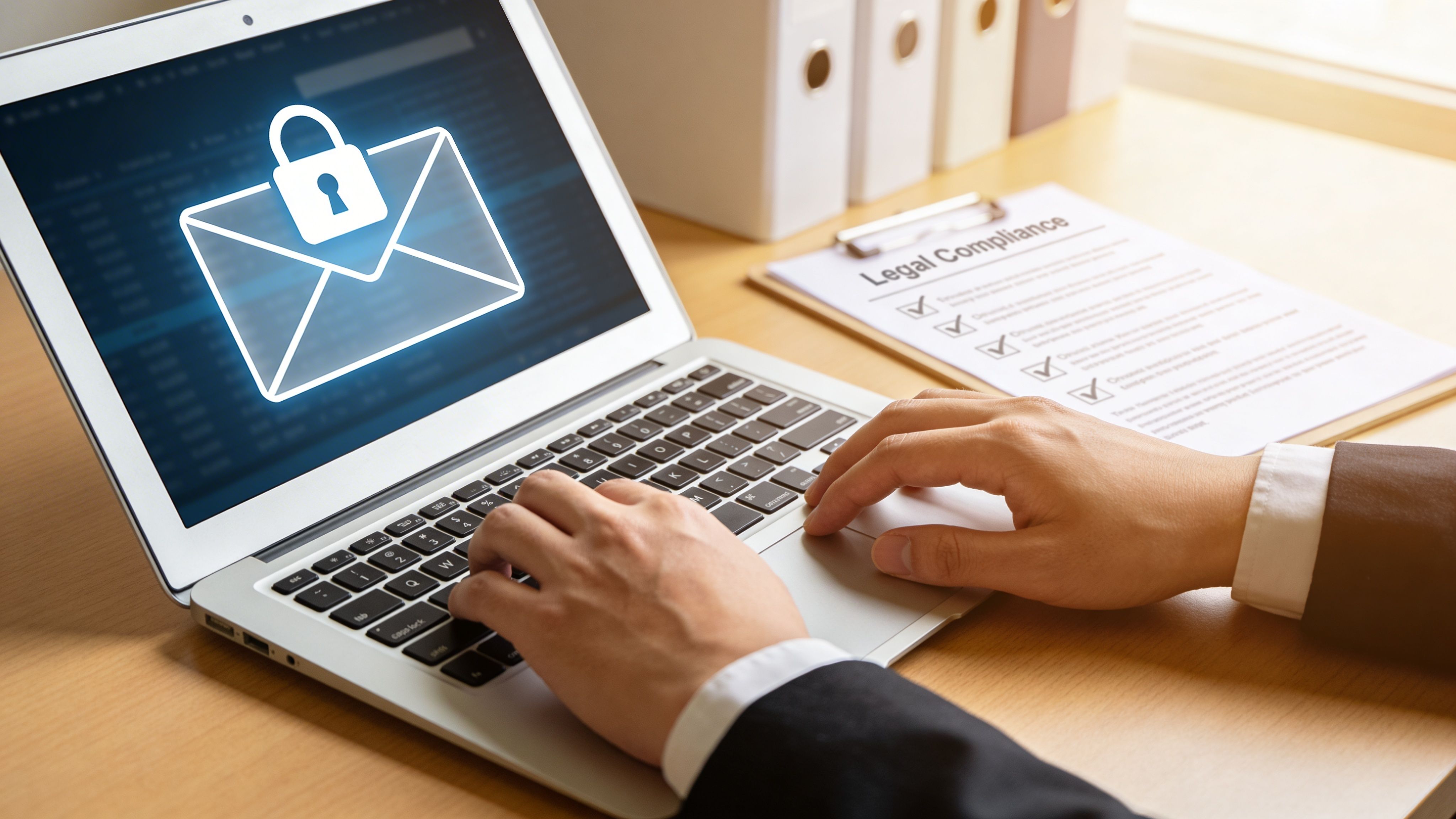 A professional in a suit typing on a laptop displaying a secured email icon near legal documents.