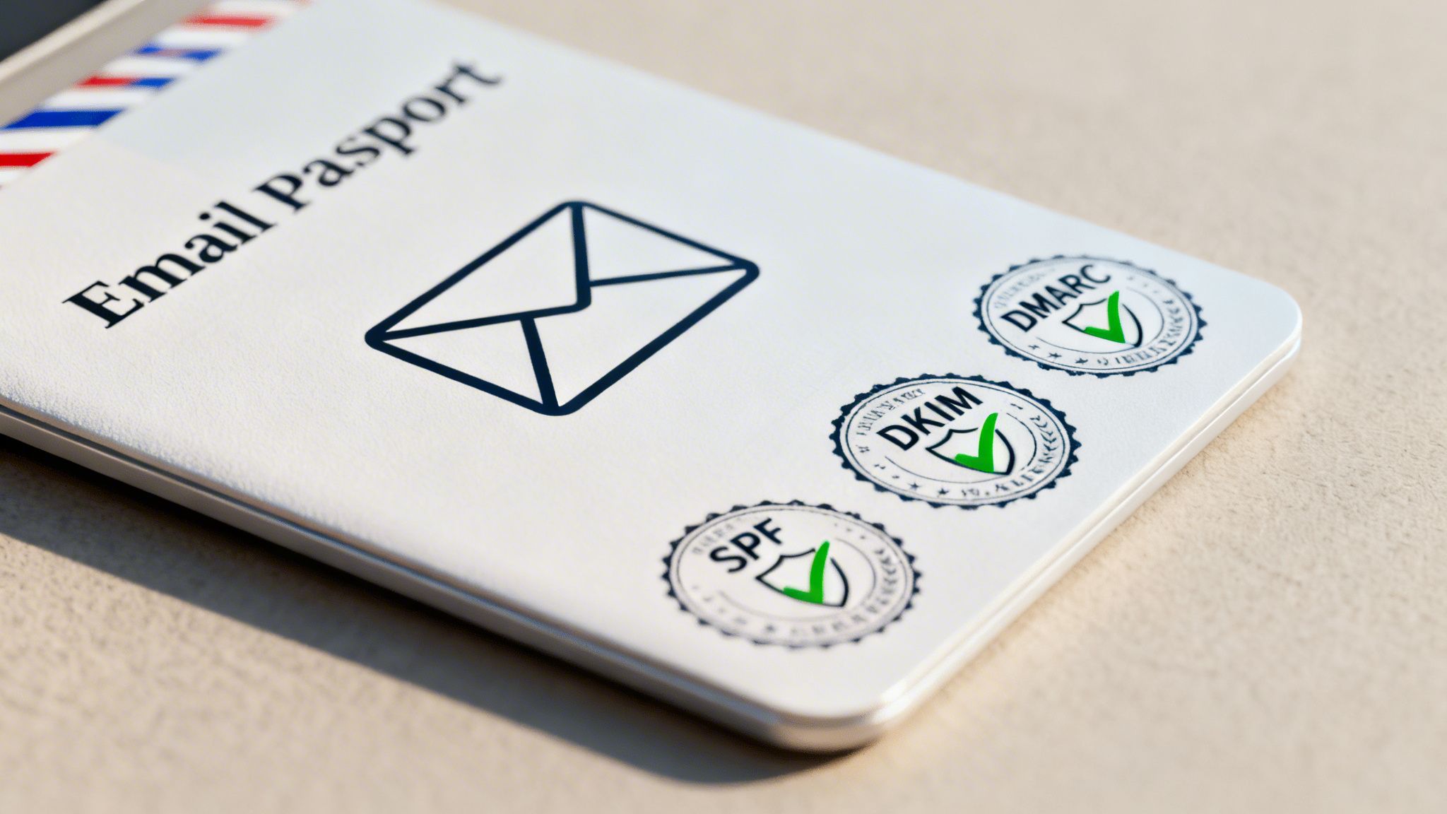 An 'Email Passport' with stamps for SPF, DKIM, and DMARC, all with green checkmarks.
