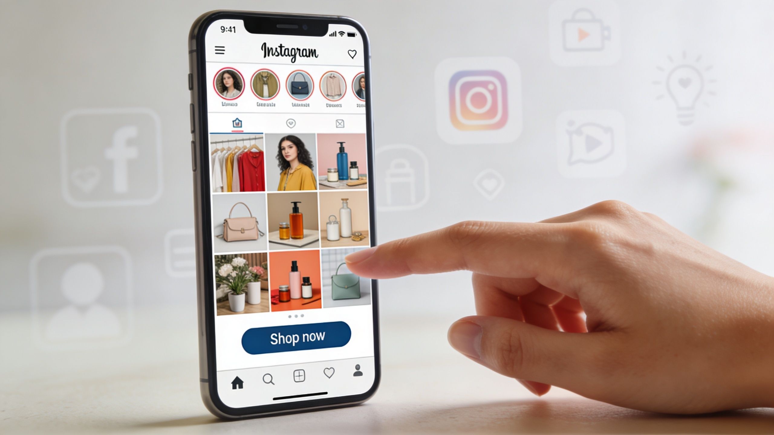 A smartphone displaying an Instagram shopping feed with a hand touching the screen in a digital marketing context.