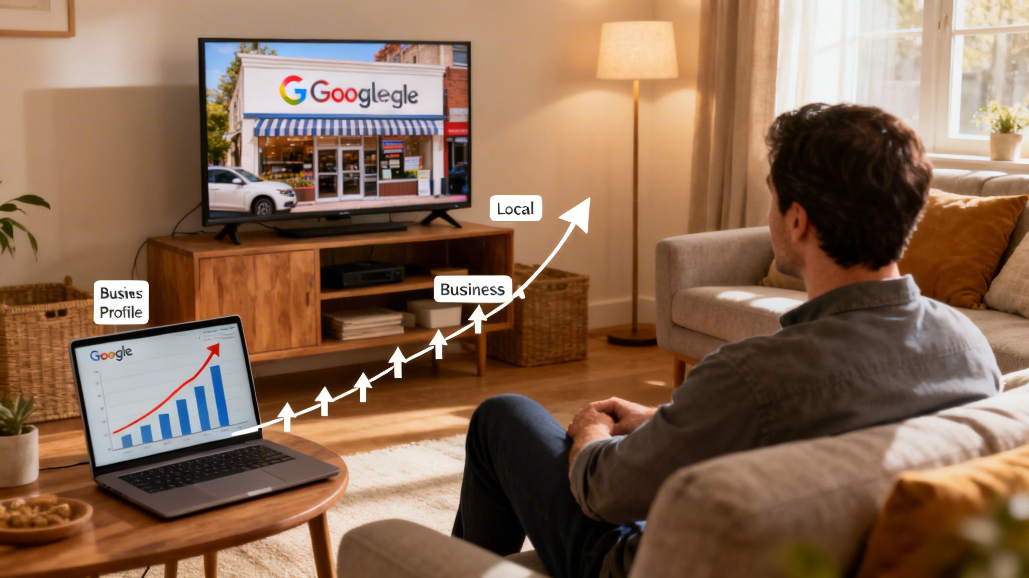 Man views Google Business Profile analytics on laptop, leading to local business growth on TV.