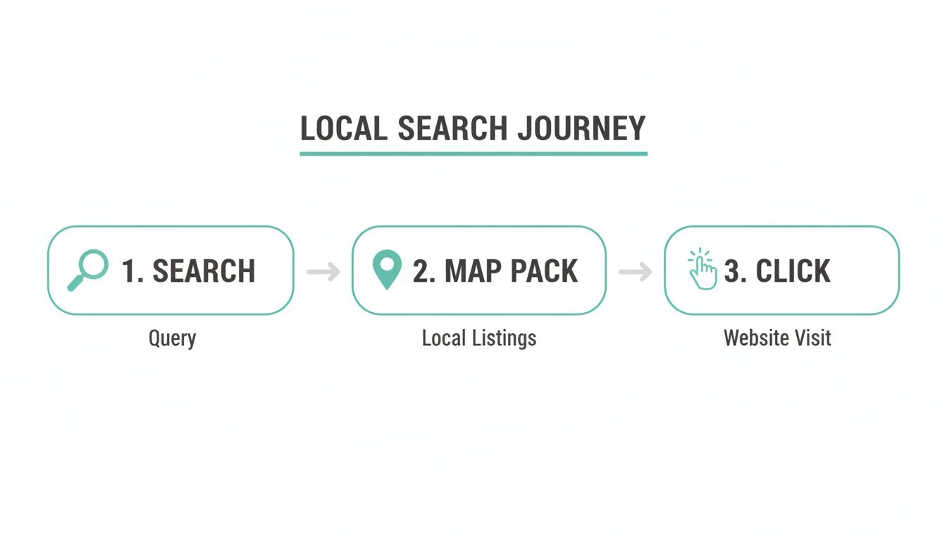 A flowchart illustrating the three steps of a local search journey: query, map pack listings, and website visit.