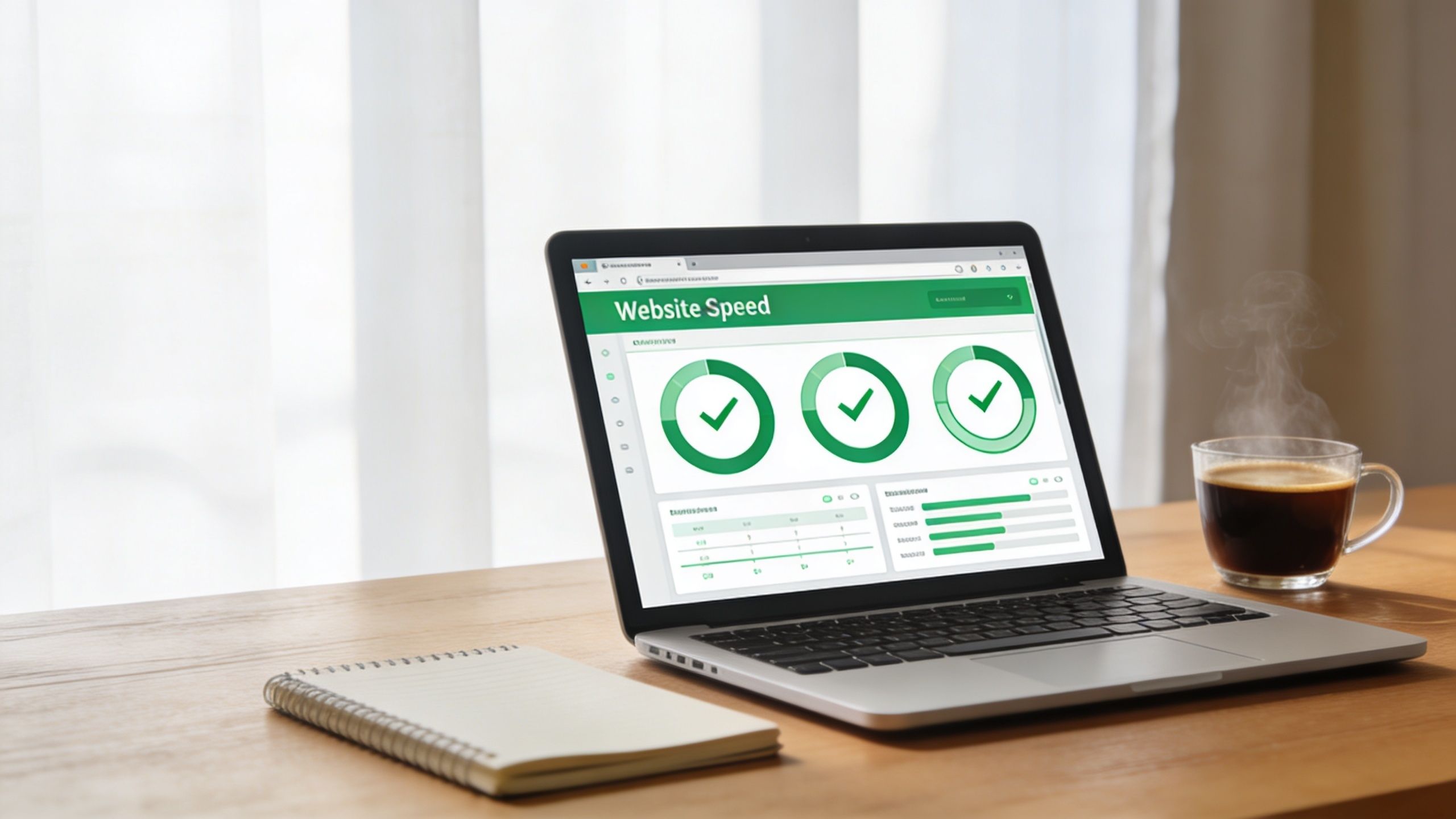 A laptop on a wooden desk displaying a website speed optimization dashboard with positive green progress indicators.