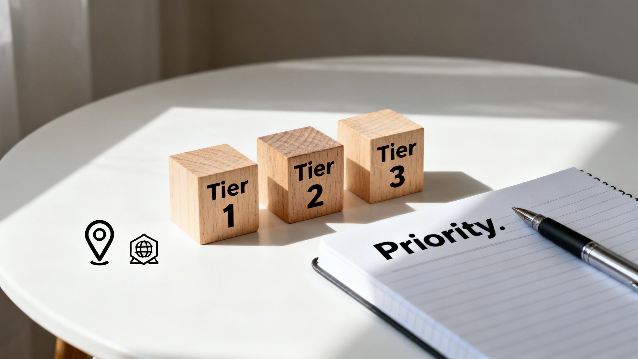 Three wooden blocks labeled Tier 1, Tier 2, Tier 3, next to a notebook with 'Priority.' and a pen.