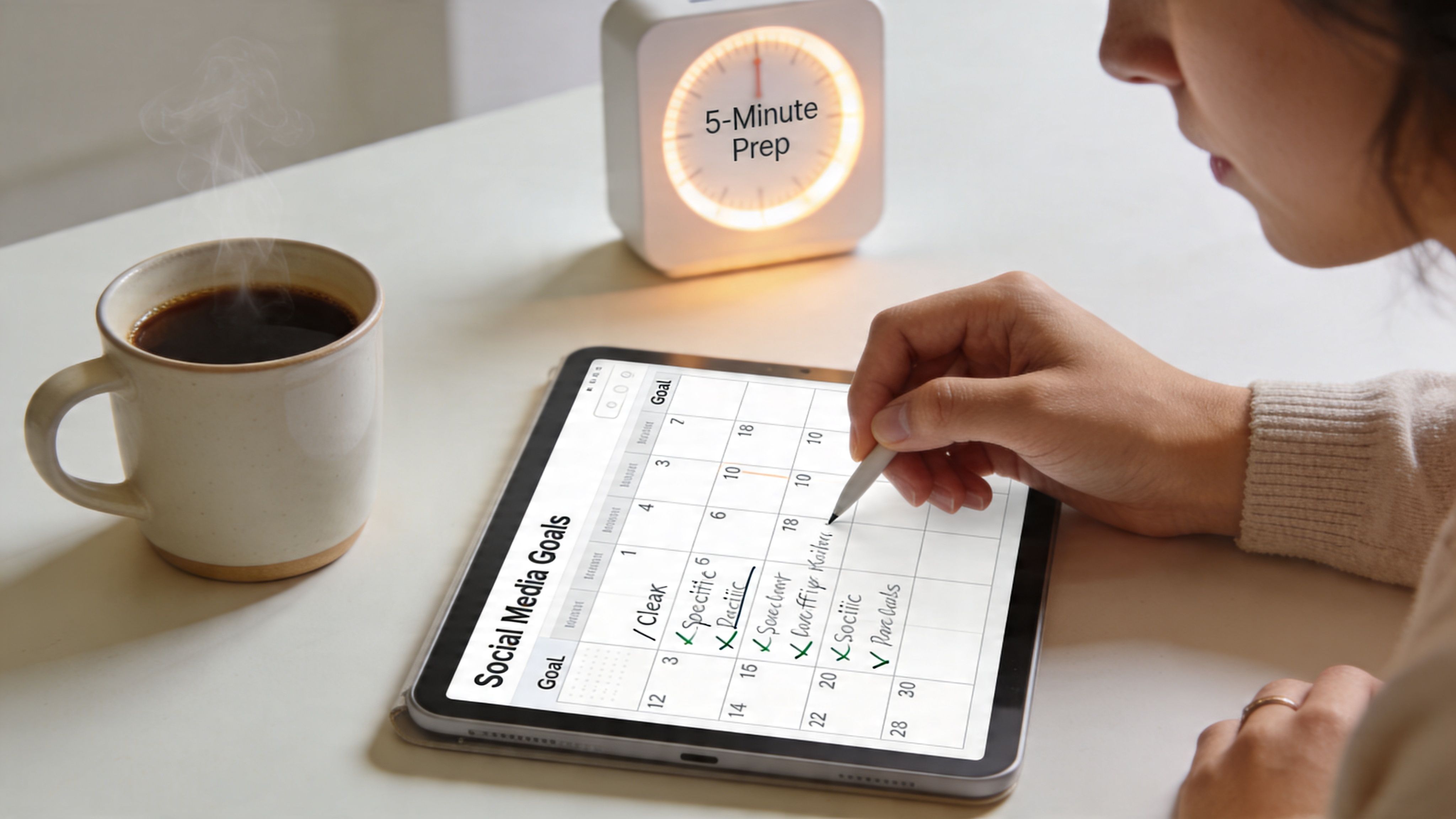 A woman planning her social media goals on a digital tablet while drinking coffee near a timer.