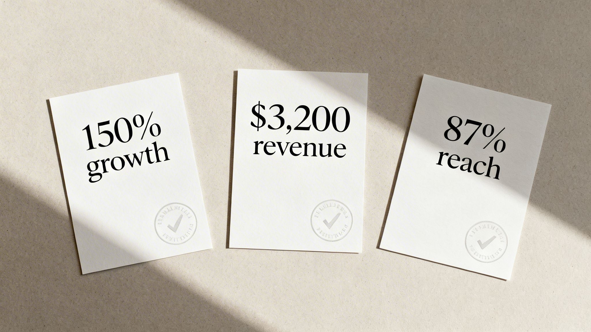 Three white cards displaying business metrics: 150% growth, $3,200 revenue, and 87% reach.
