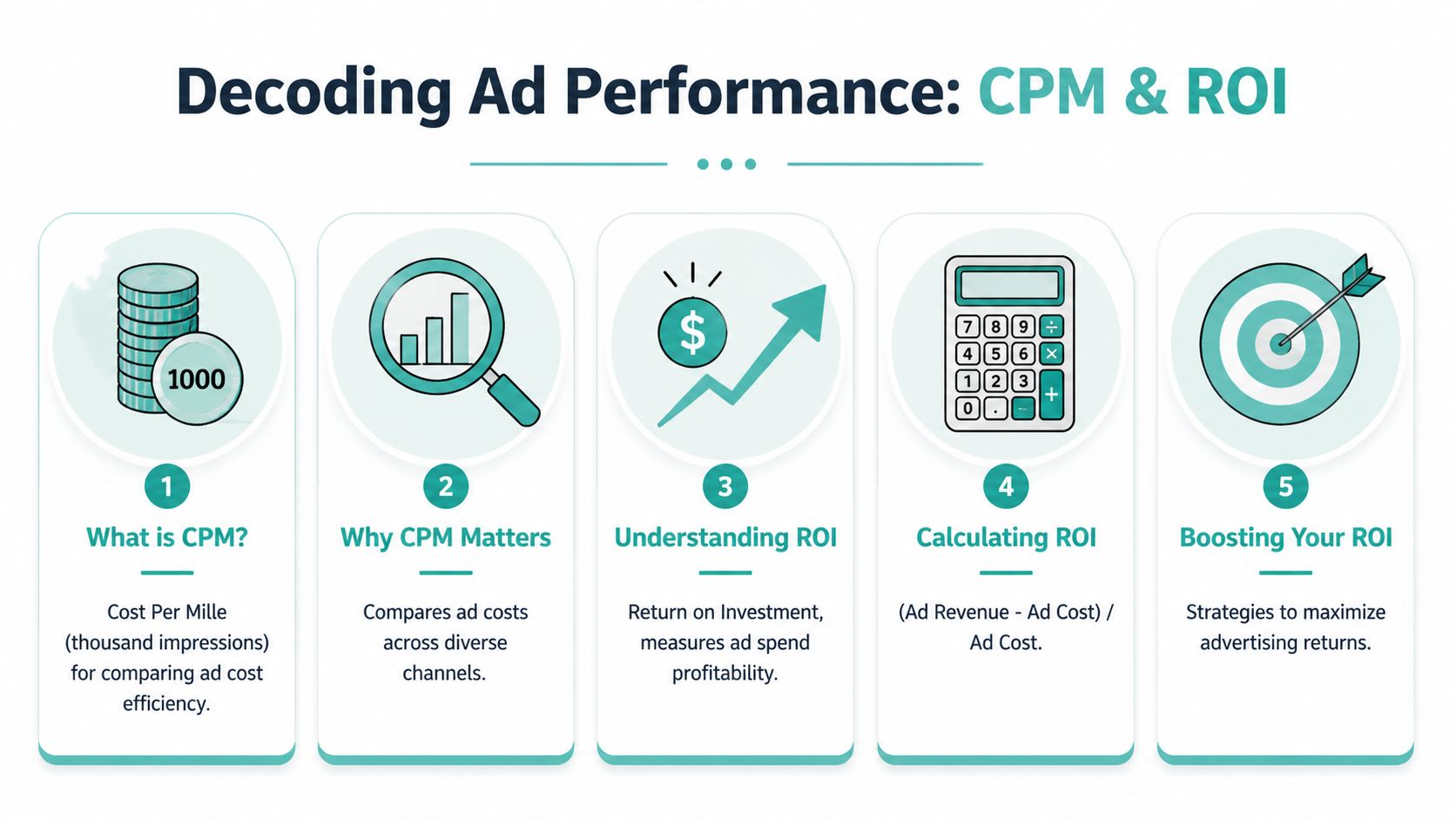 An infographic titled Decoding Ad Performance explaining key concepts of CPM and ROI for advertising.