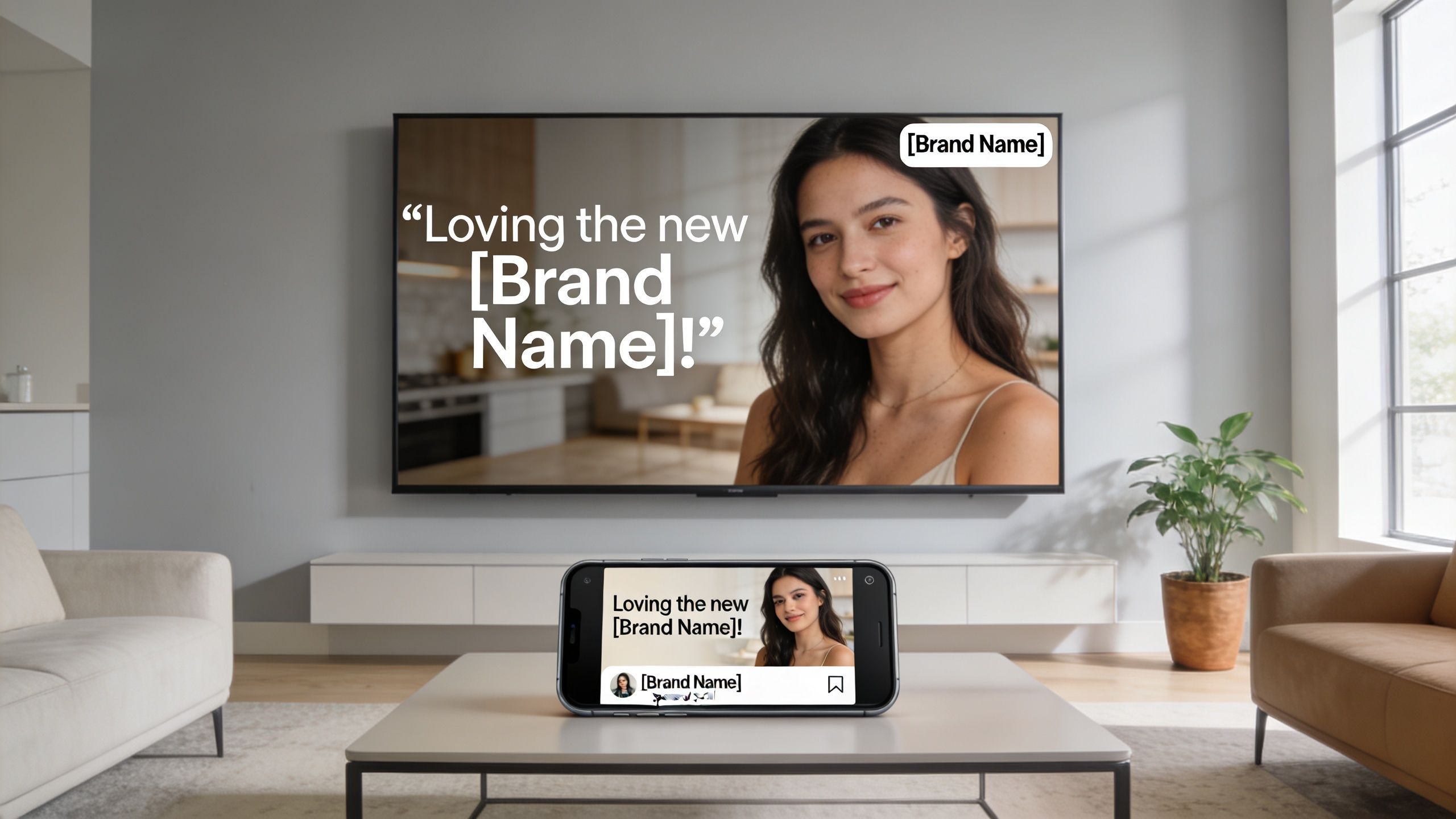 A large television screen and a smartphone displaying the same testimonial about a brand in a living room.