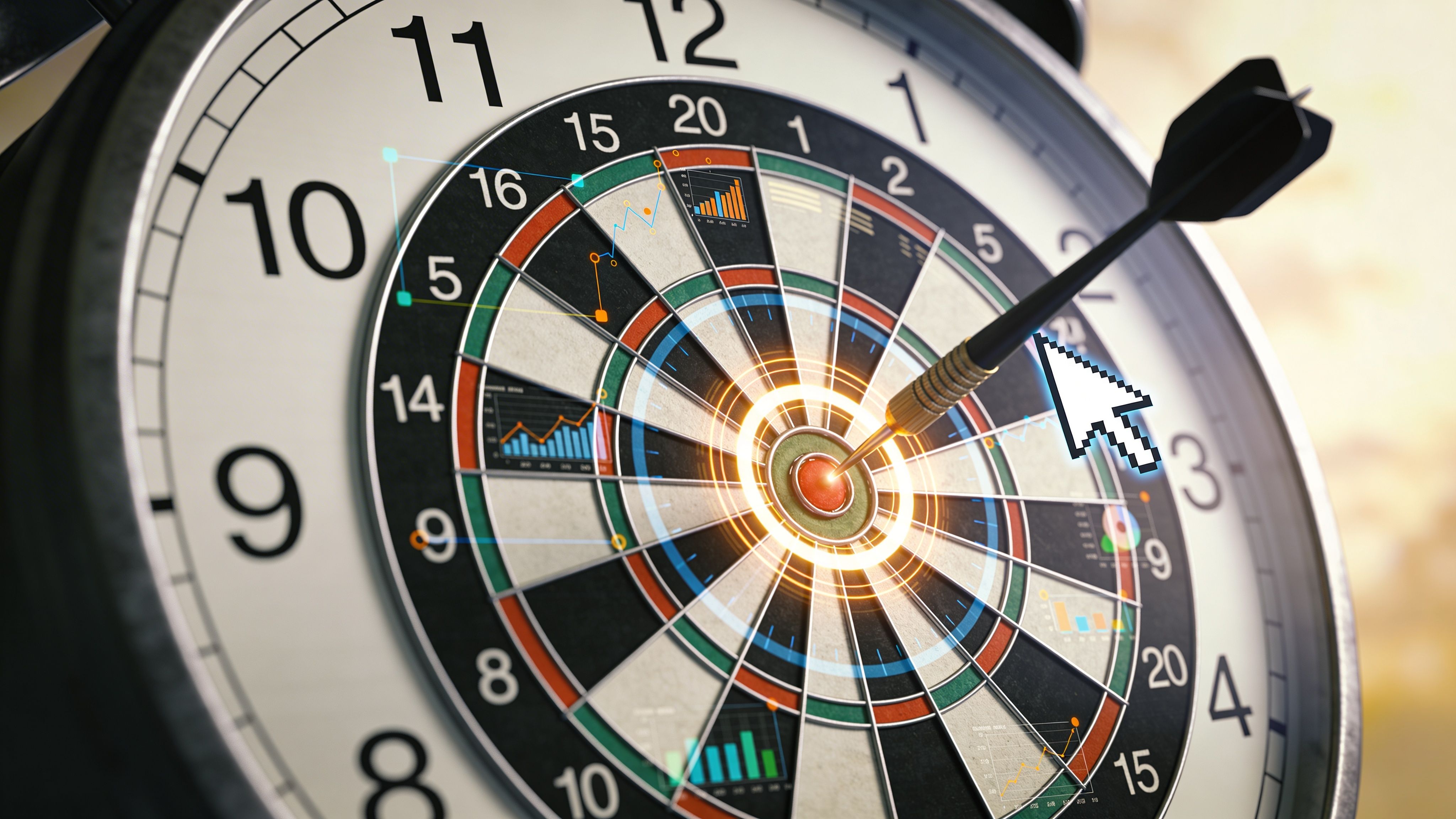 A conceptual dartboard overlaying a clock with data charts and a digital cursor hitting the bullseye.