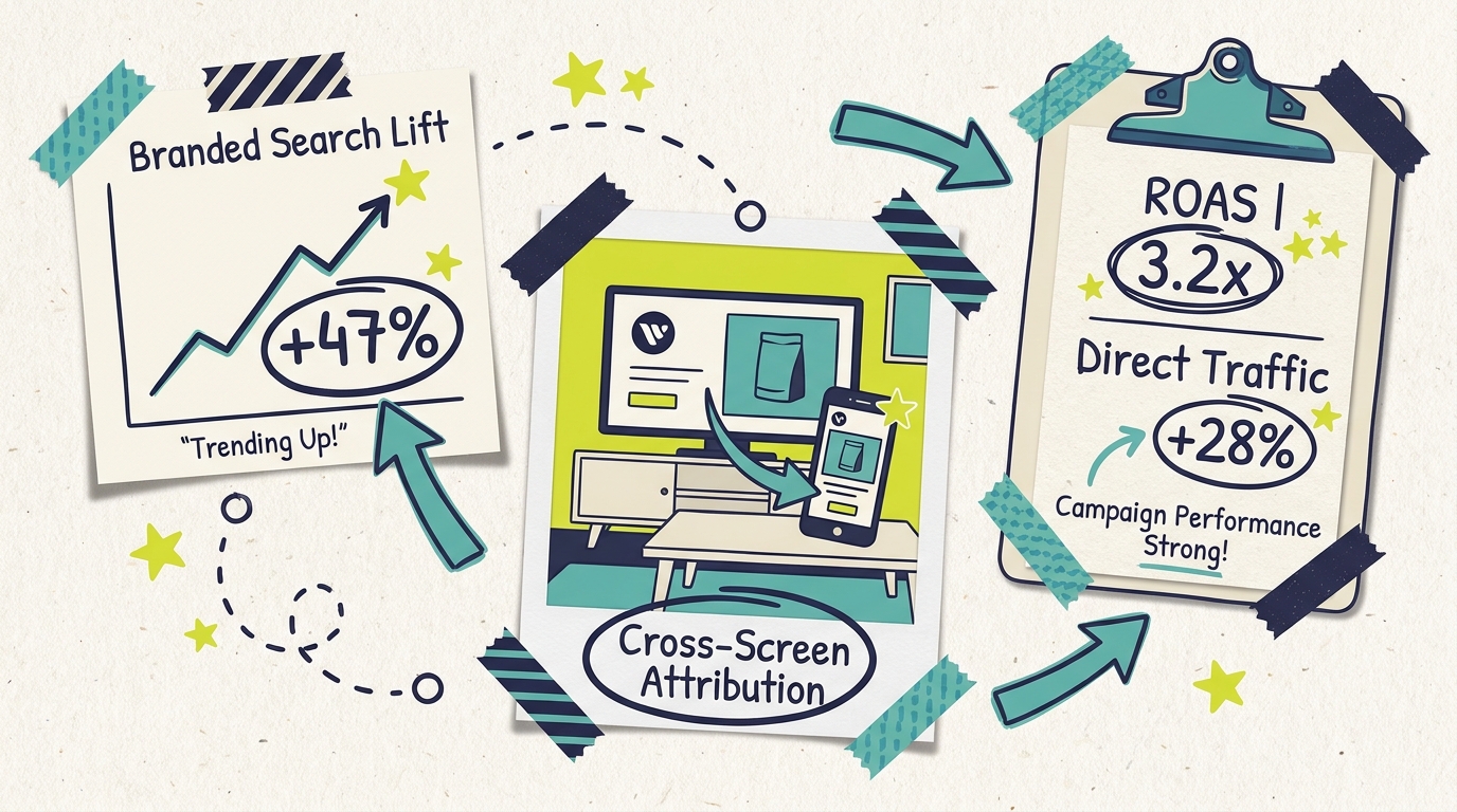 Measurement dashboard with branded search lift, ROAS, direct traffic